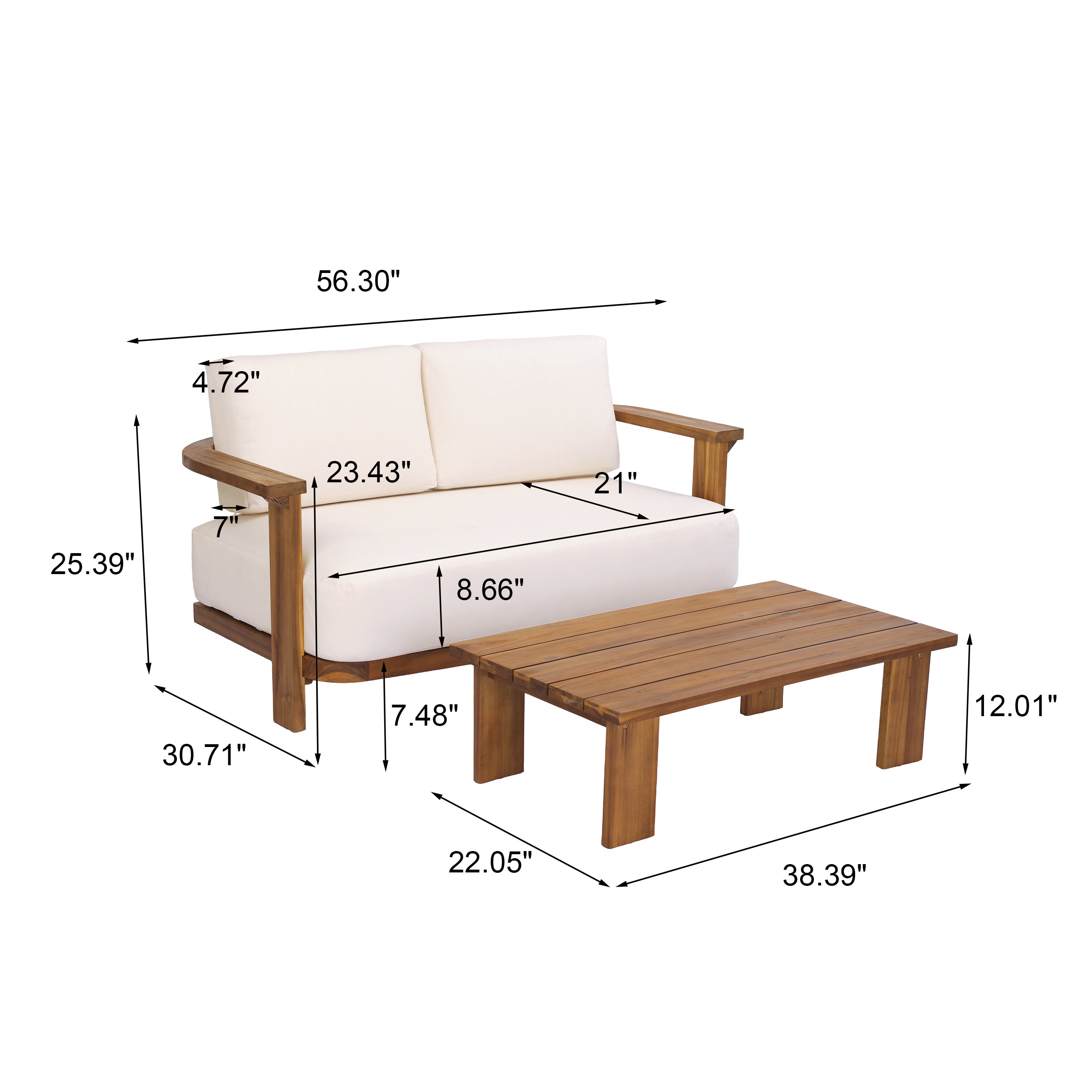 Kanso Acacia Wood Outdoor Patio Loveseat and Coffee Table