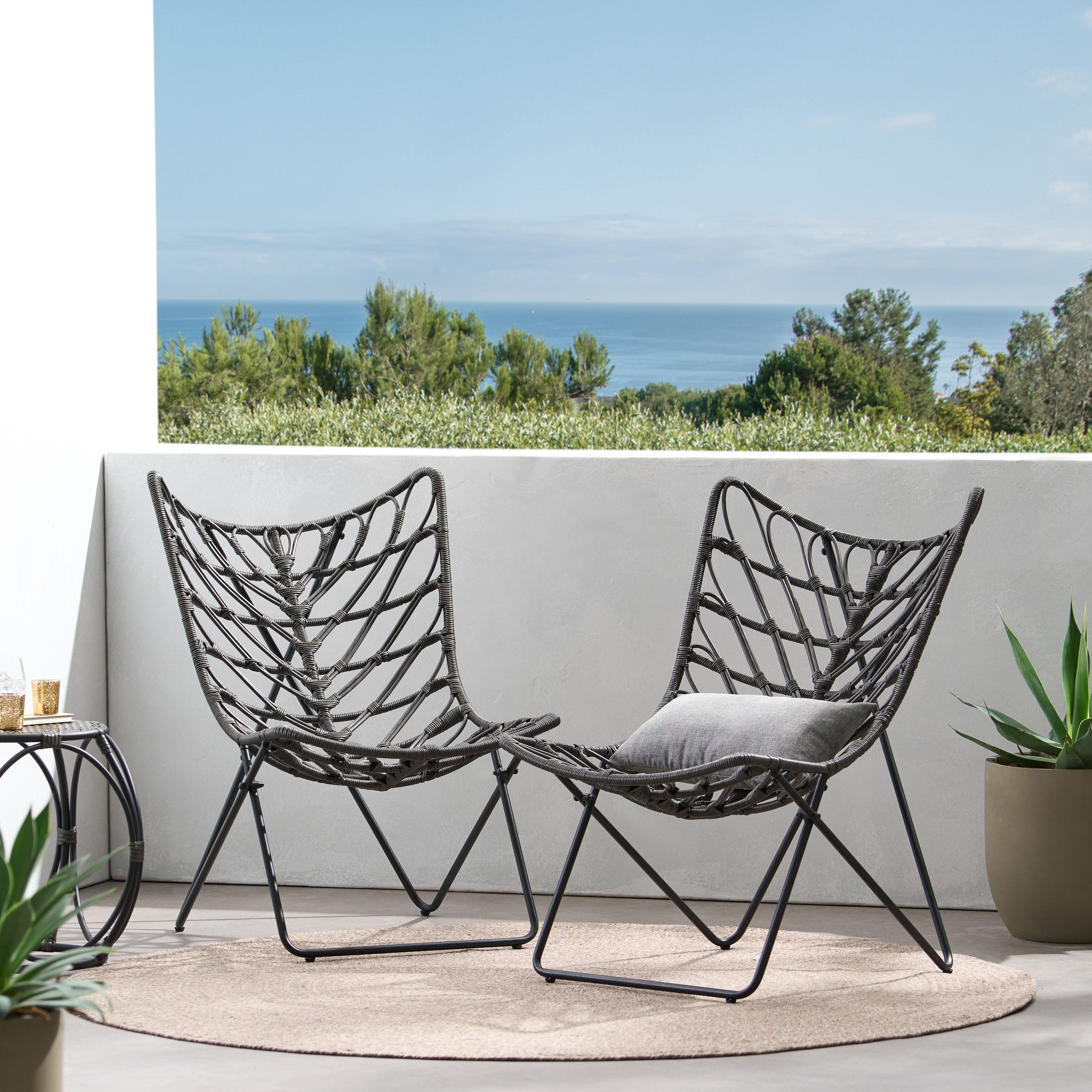 Outdoor Rattan Chair with Geometric Cross Base, Set of 2