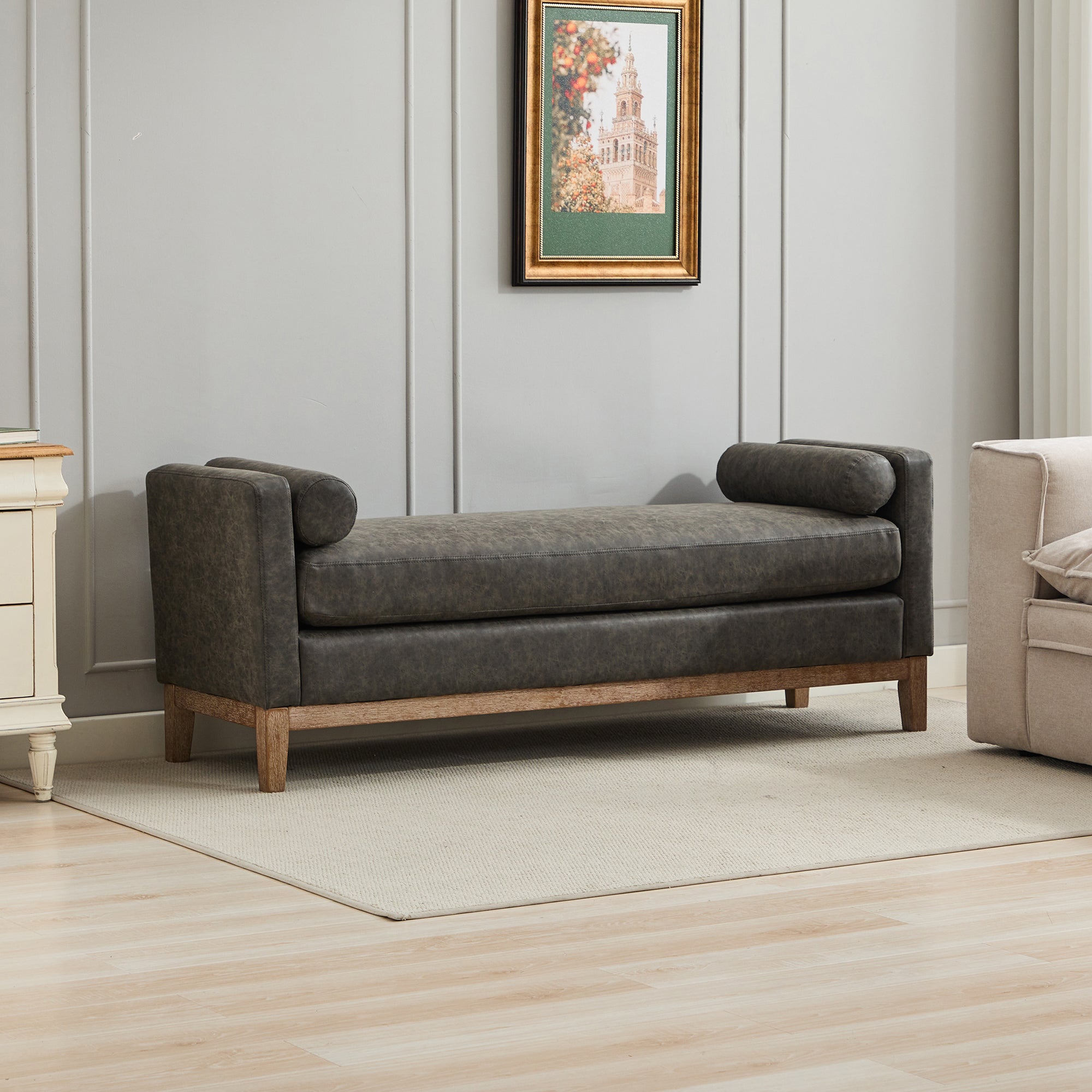 Upholstered Bench with Wood Legs and Two Bolster Pillows