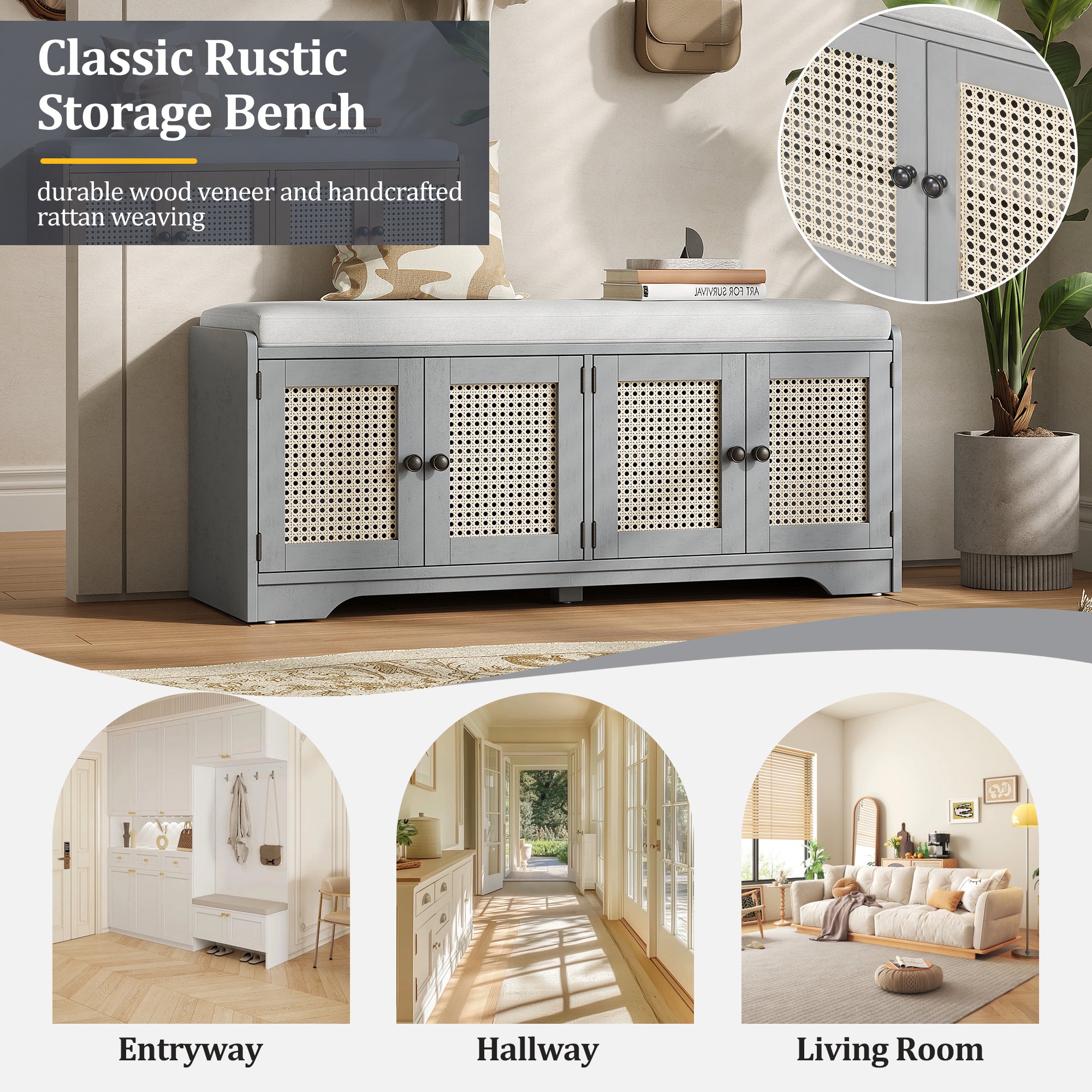Storage Bench with Rattan Doors