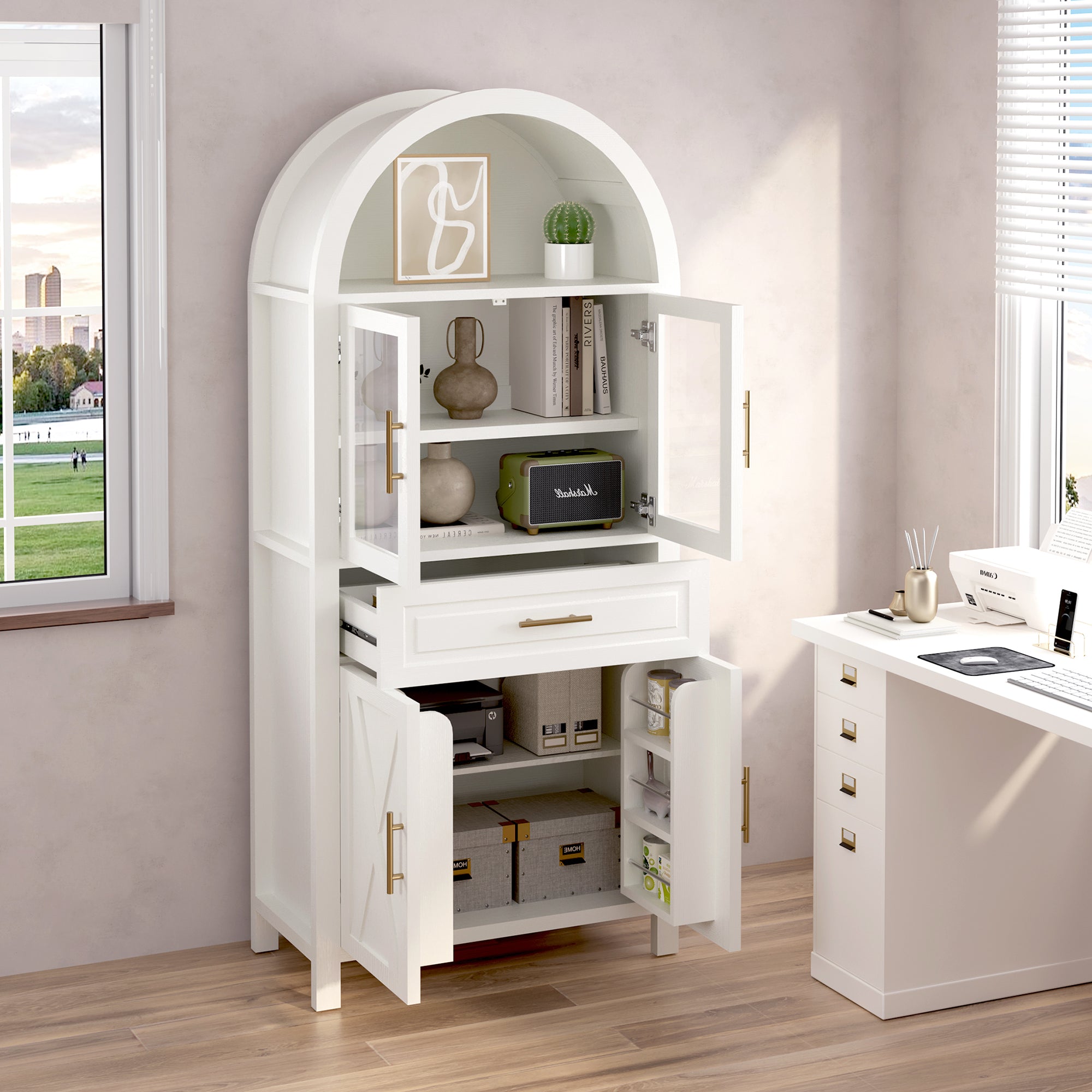 Farmhouse Arched Strage Cabinet with Glass Doors
