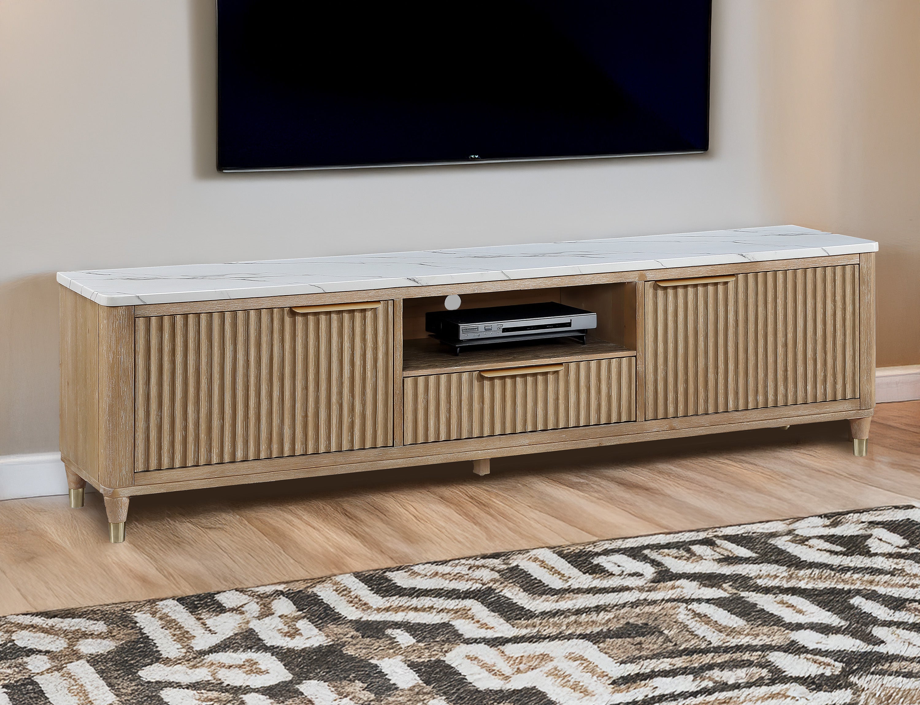 Sleek Fluted Wood Media Stand with Marble-Look Top