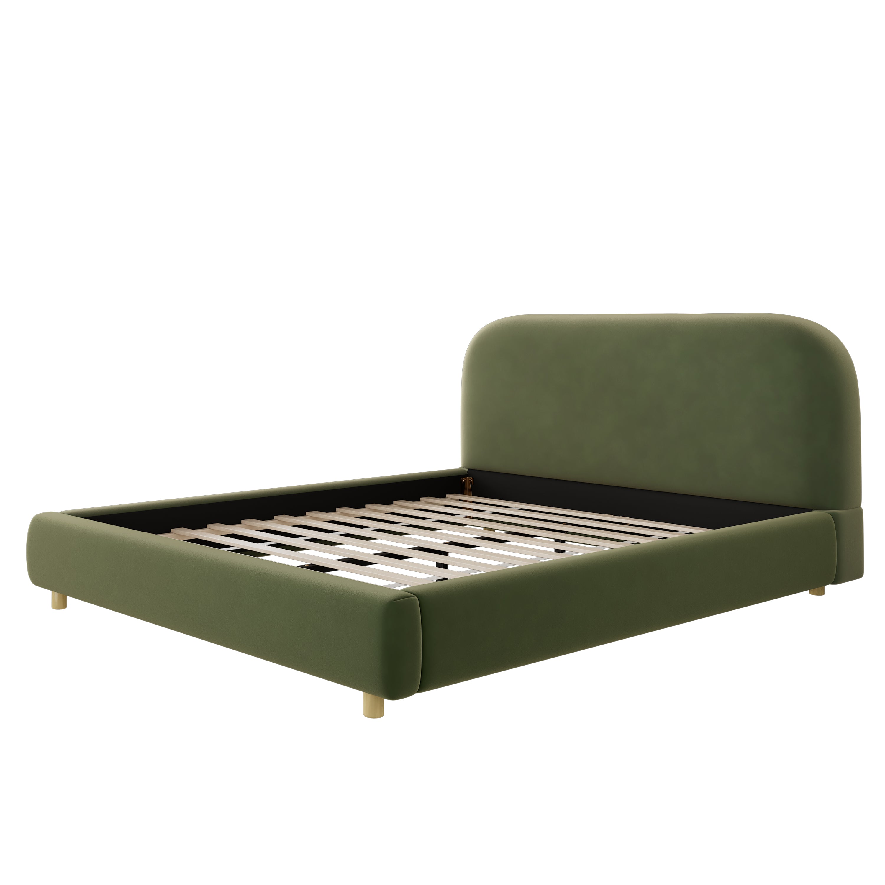 Olive Green Velvet Upholstered Platform Bed with Curve-Shaped Design Headboard