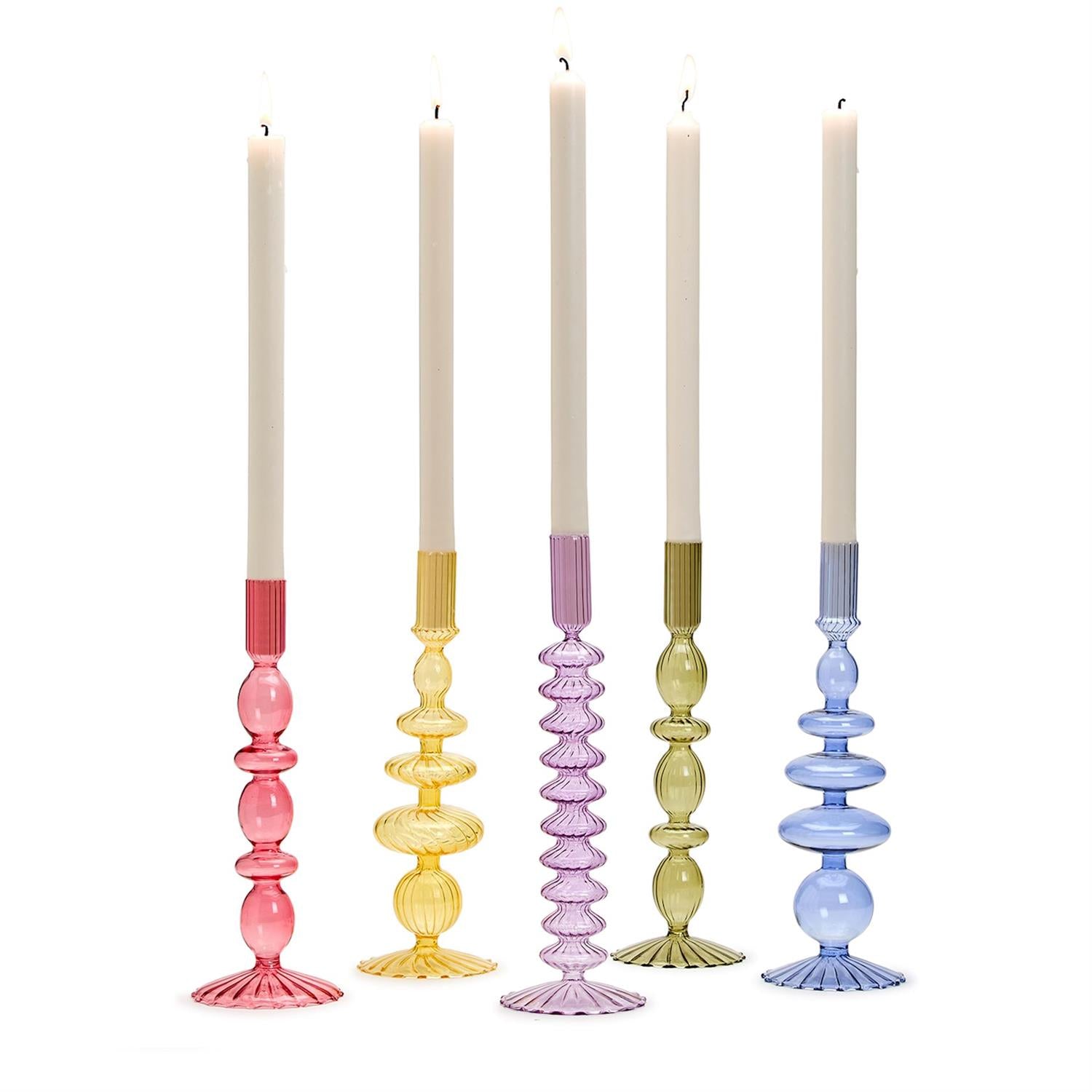 Hand-Blown Glass Taper Candlestick Candleholders Incl 5 Colors, Set of 5