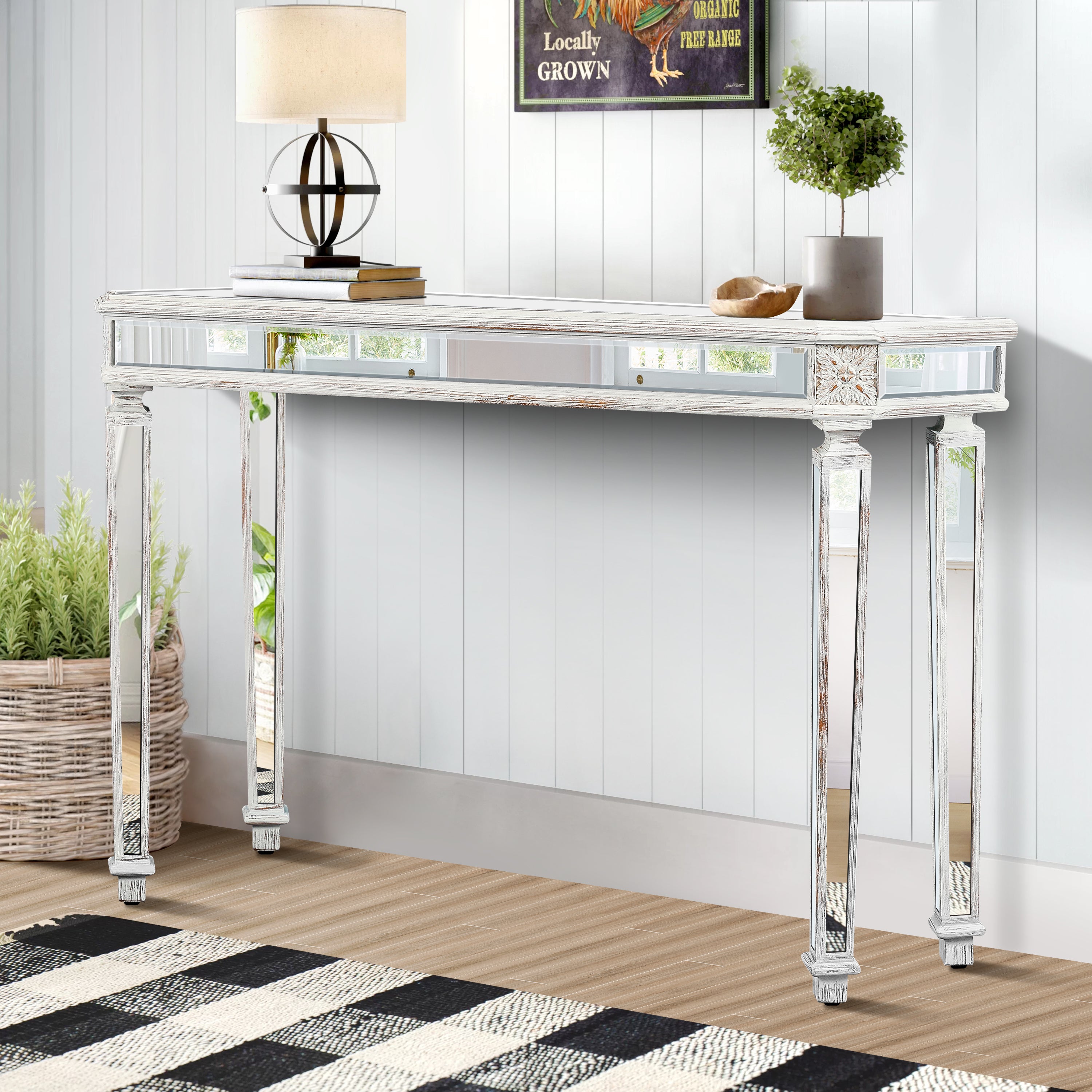 Mirror Console Table with Vintage Wood Grain Carving