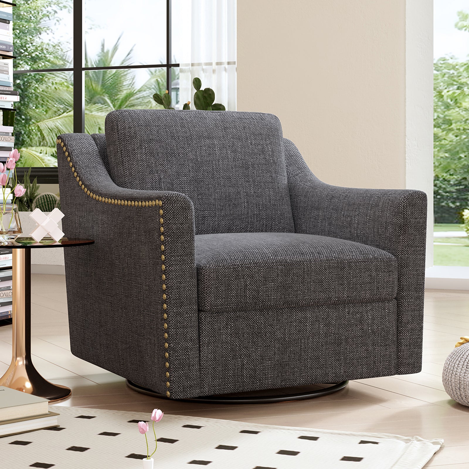 Teddy Fleece 360° Swivel Round Upholstered Comfy Accent Chair With Pillow
