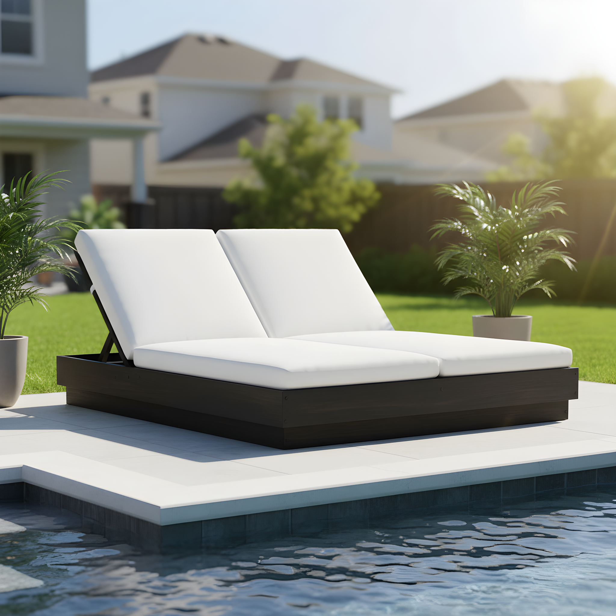 Adjustable Acacia Wood Low-Profile Double Sunlounge with Cushion