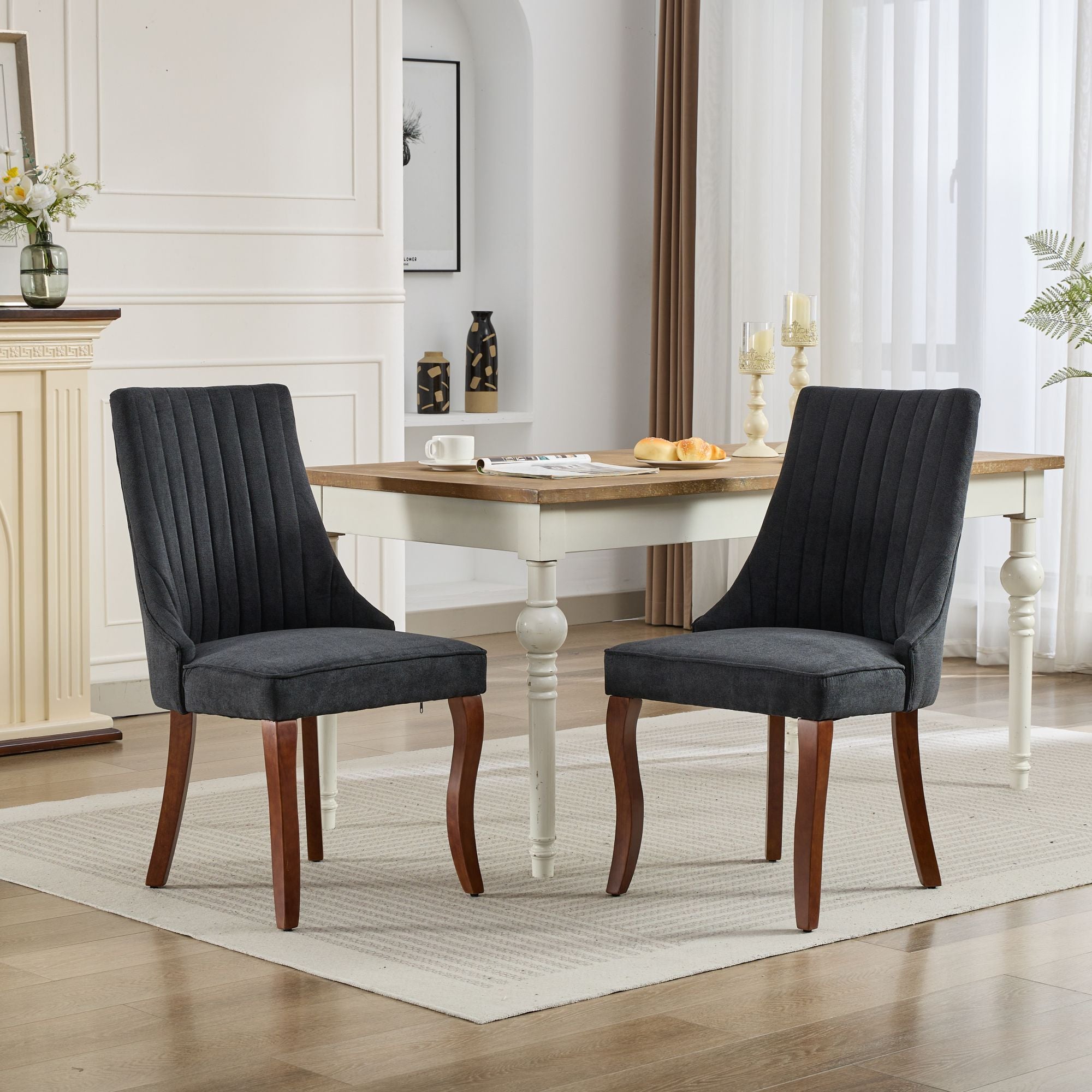 Rayon Cloth Flocking Linen Dining Chairs Channel Kitchen Dinner Chair Comfy Fabric Upholstered Accent Chair for Dining Room with Curved Solid Wood Legs,Set of 2 (Black), SW1847BK