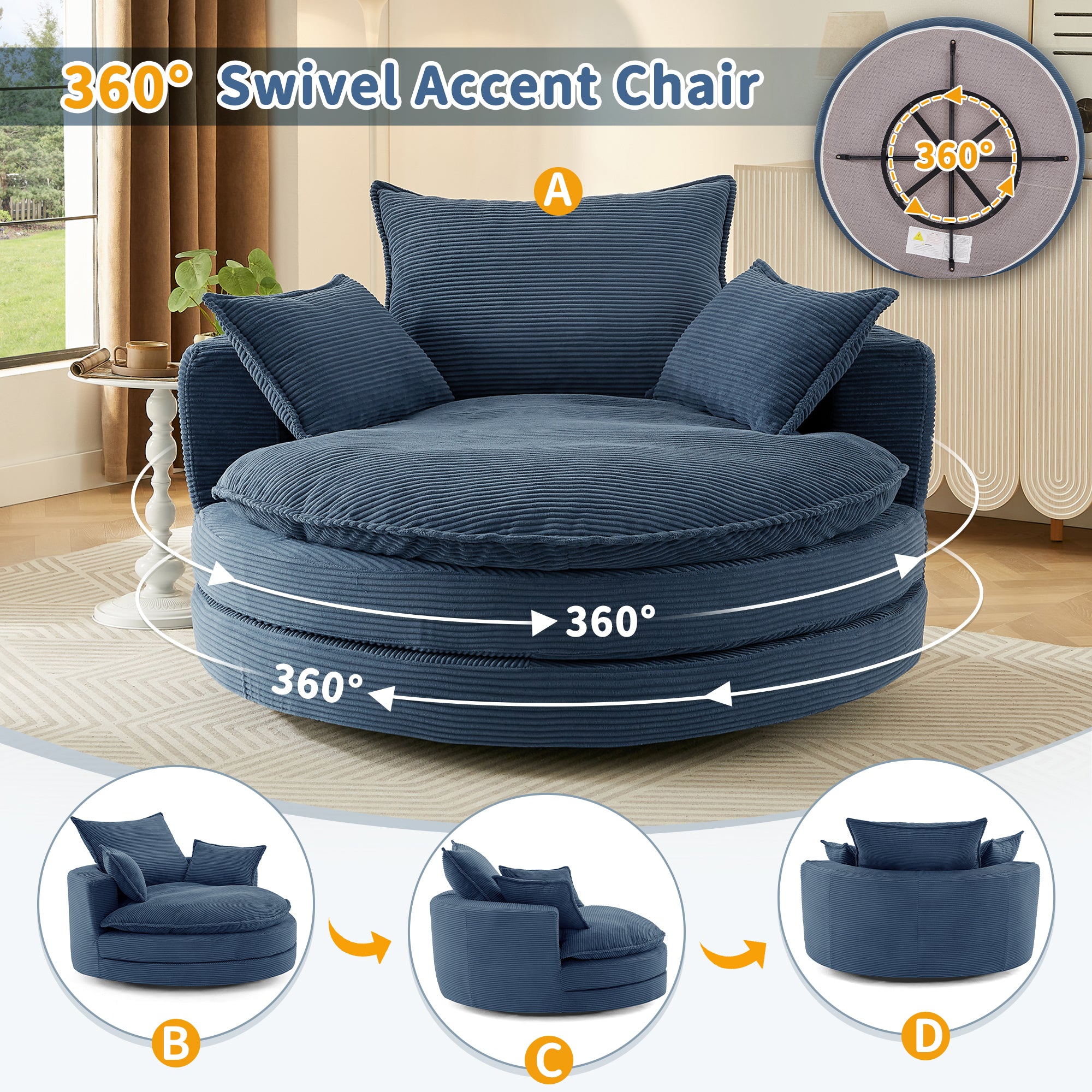 Corduroy 360° Swivel Accent Barrel Chair with 3 Removable Pillows