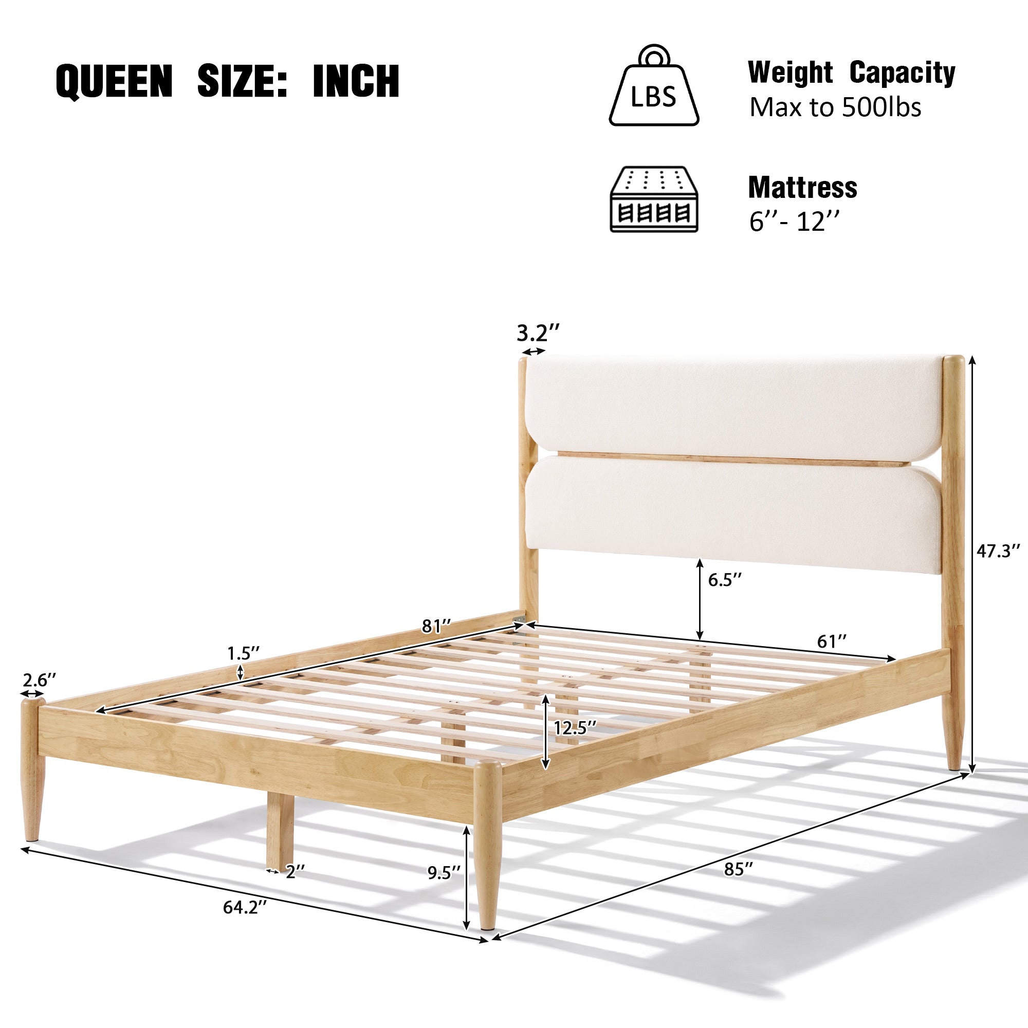 Solid Wood Bed Frame With Fleece Upholstered Headboard
