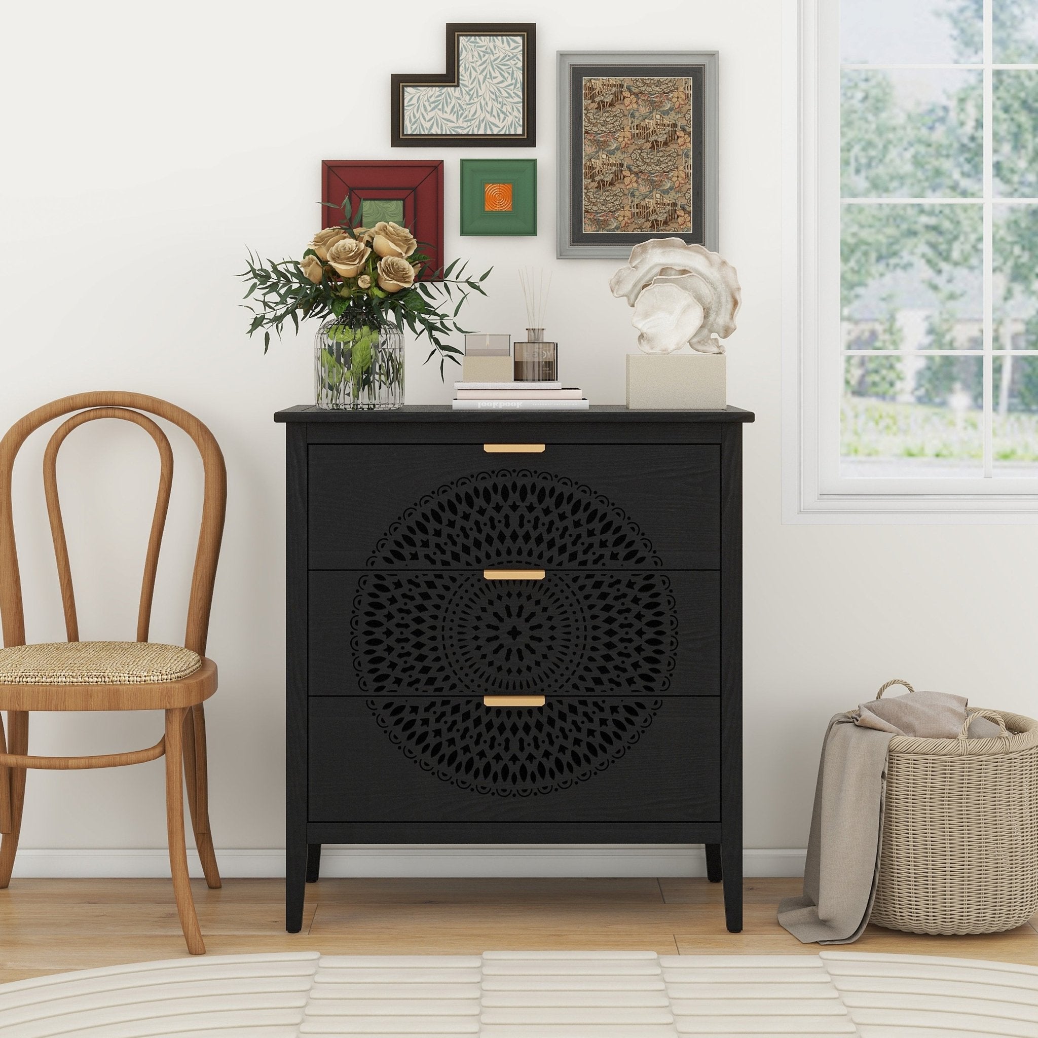 Abundanz 3 - Drawer Dresser with Hollow Pattern and Metal Handle - Dressers