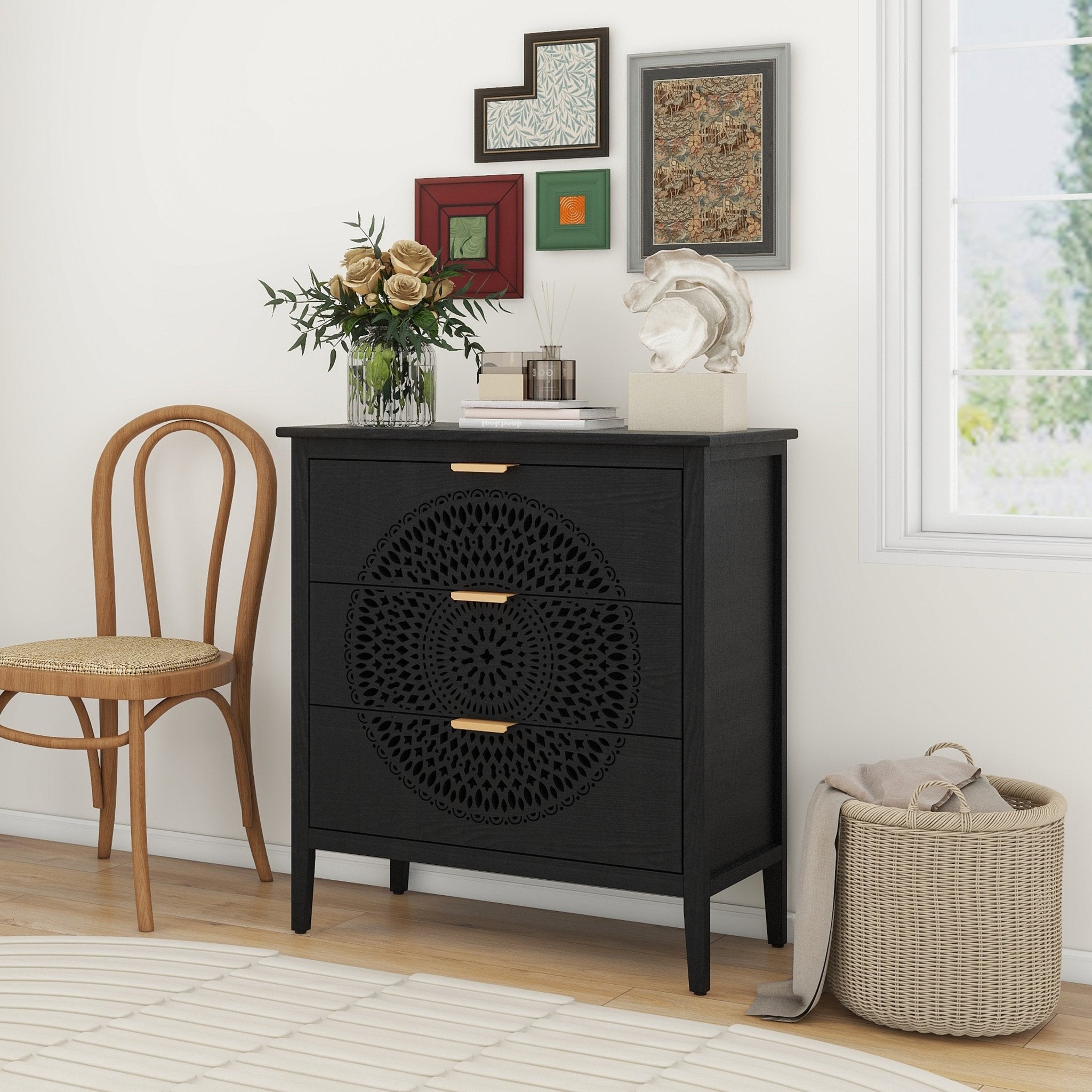 3 drawer metal dresser Abundanz 3-Drawer Dresser with Hollow Pattern and Metal Handle
