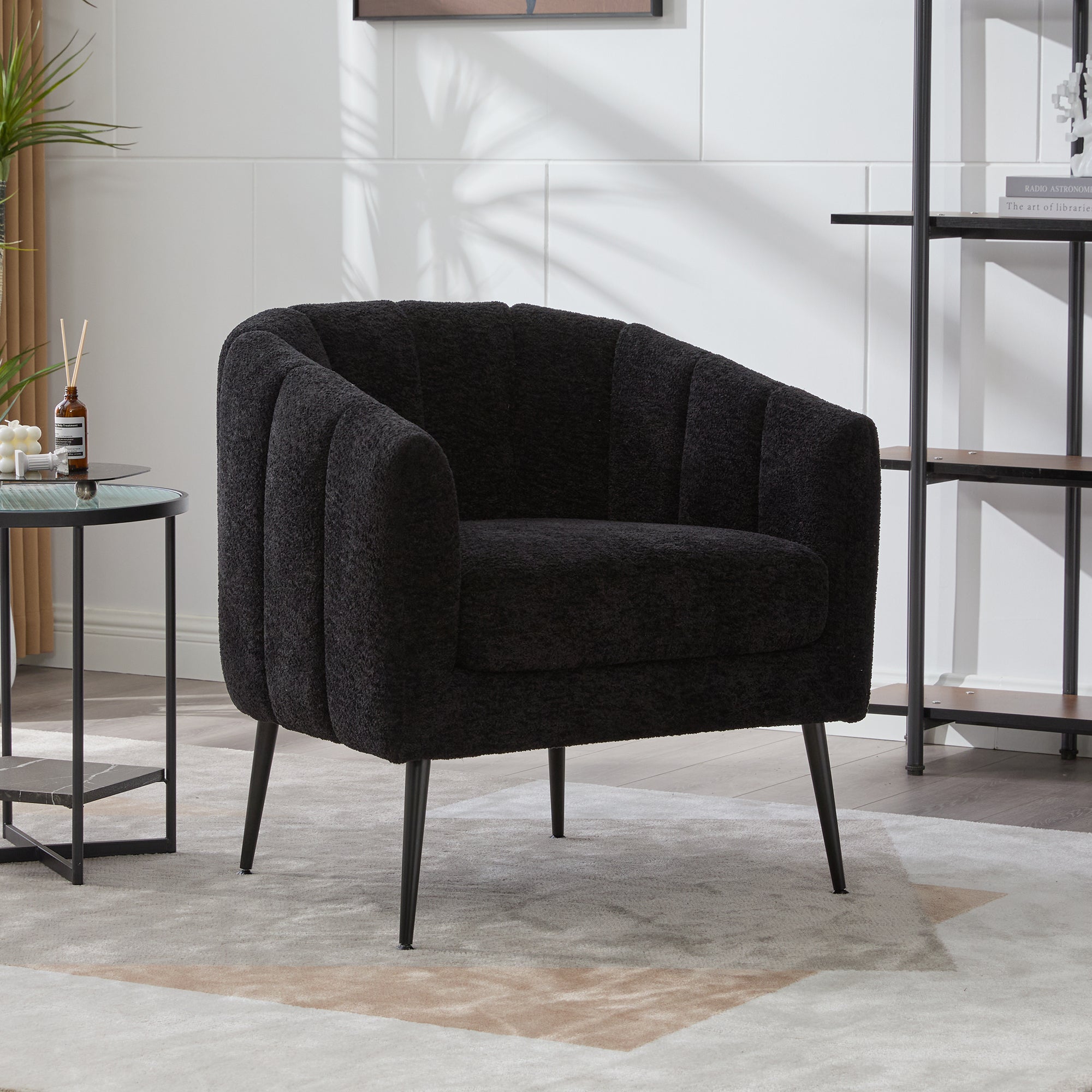 Channel Tufted Chenille Vanity Barrel Accent Chair with Metal Legs