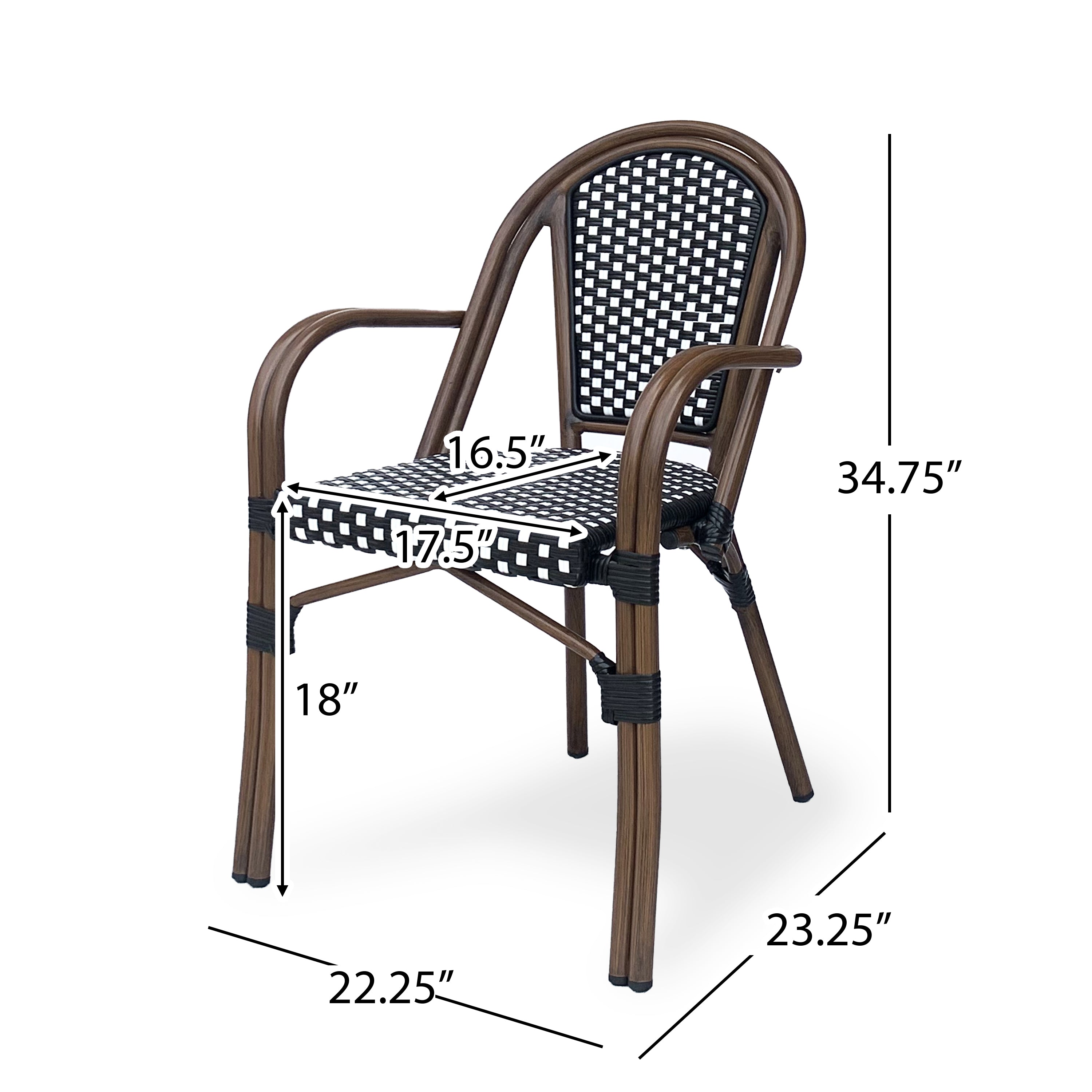 Crowned Wicker Bistro Chair with Checkered Pattern and Curved Arms, Set of 2