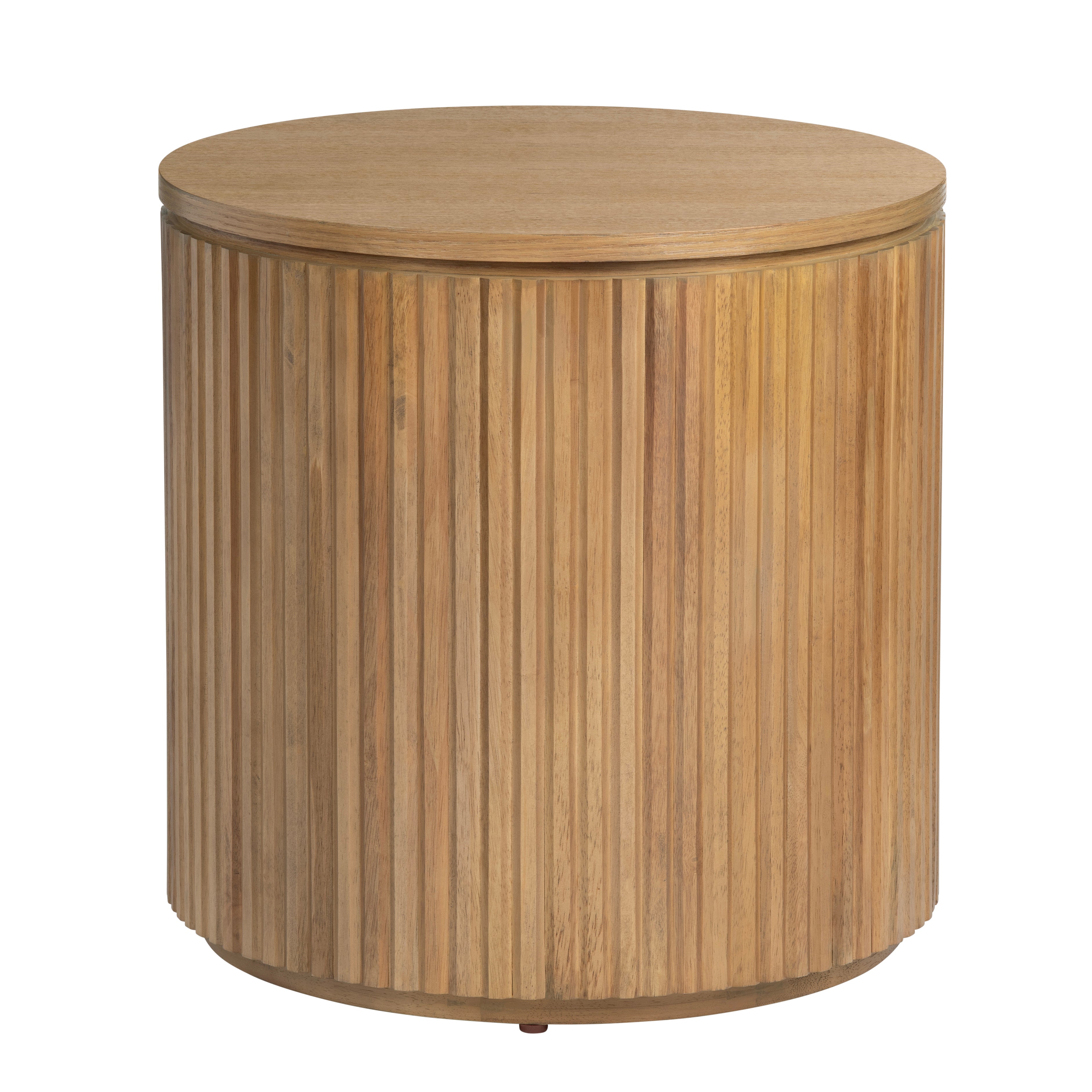 Ribbed Round Brown Solid Wood Accent End Table