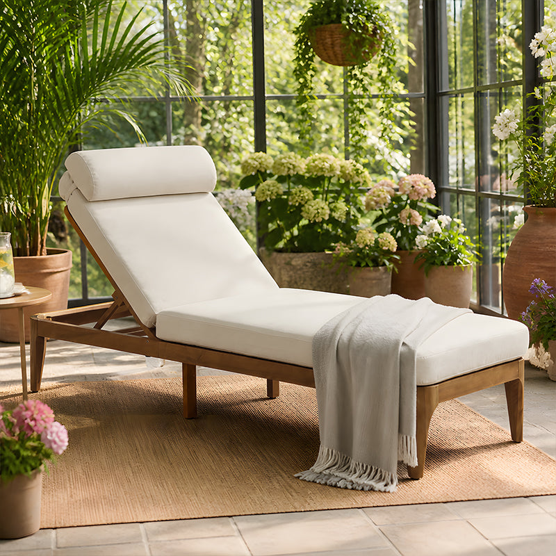 Outdoor Acacia Wood Sun Lounge Chair, Patio Recliner with Adjustable Backrest and Head Pillow