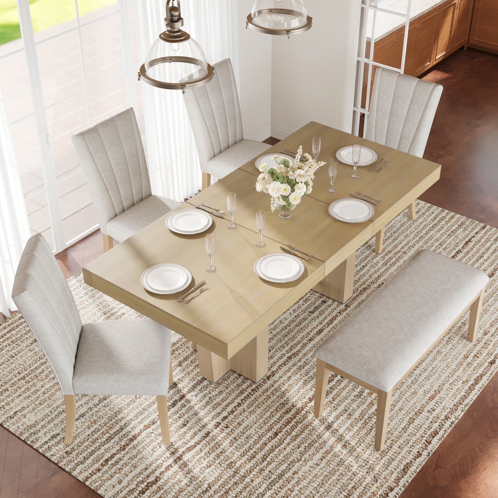 Meadowlark Farmhouse Extendable Wood Dining Table with 4 Upholstered Chairs & Bench