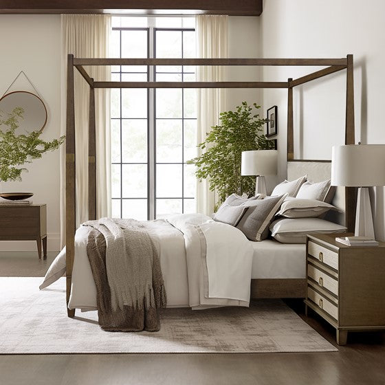 Queen Size Canopy Bed with Upholstered Headboard and Wood Frame