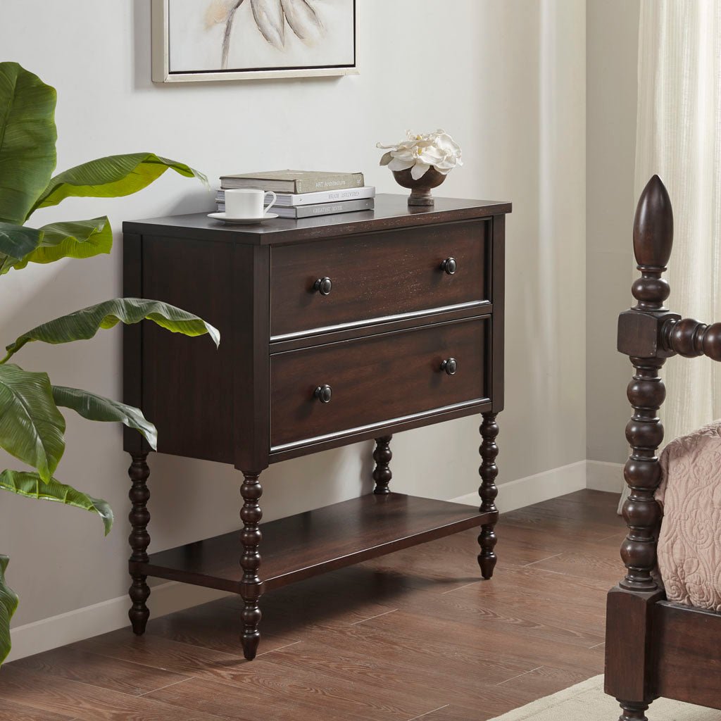 Accent Chest with Double Drawer, Lower Shelf and Turned Legs - Cabinets