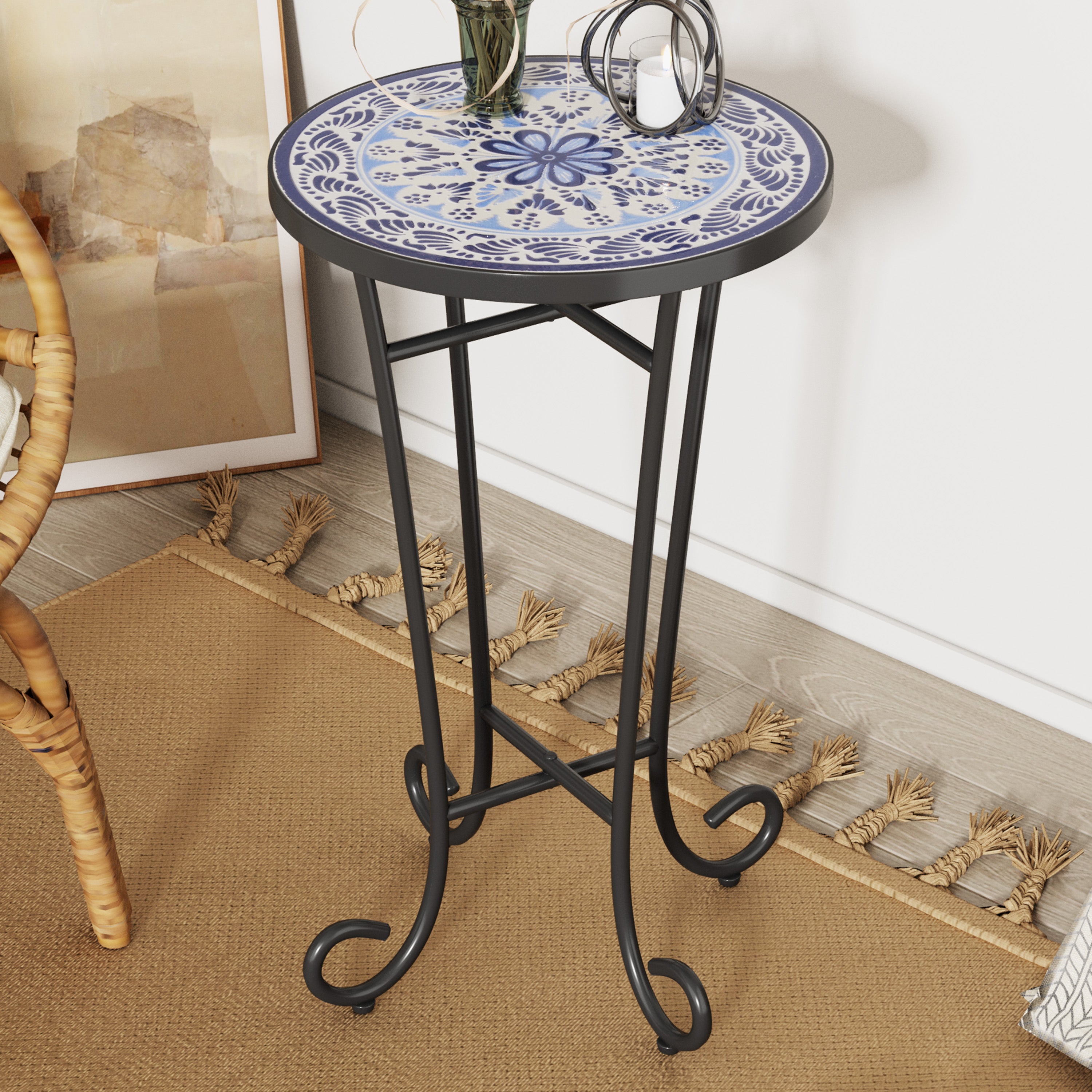 Warmthly Outdoor Round Side Table with Vibrant Tile Top and Elegant Scrolling Legs