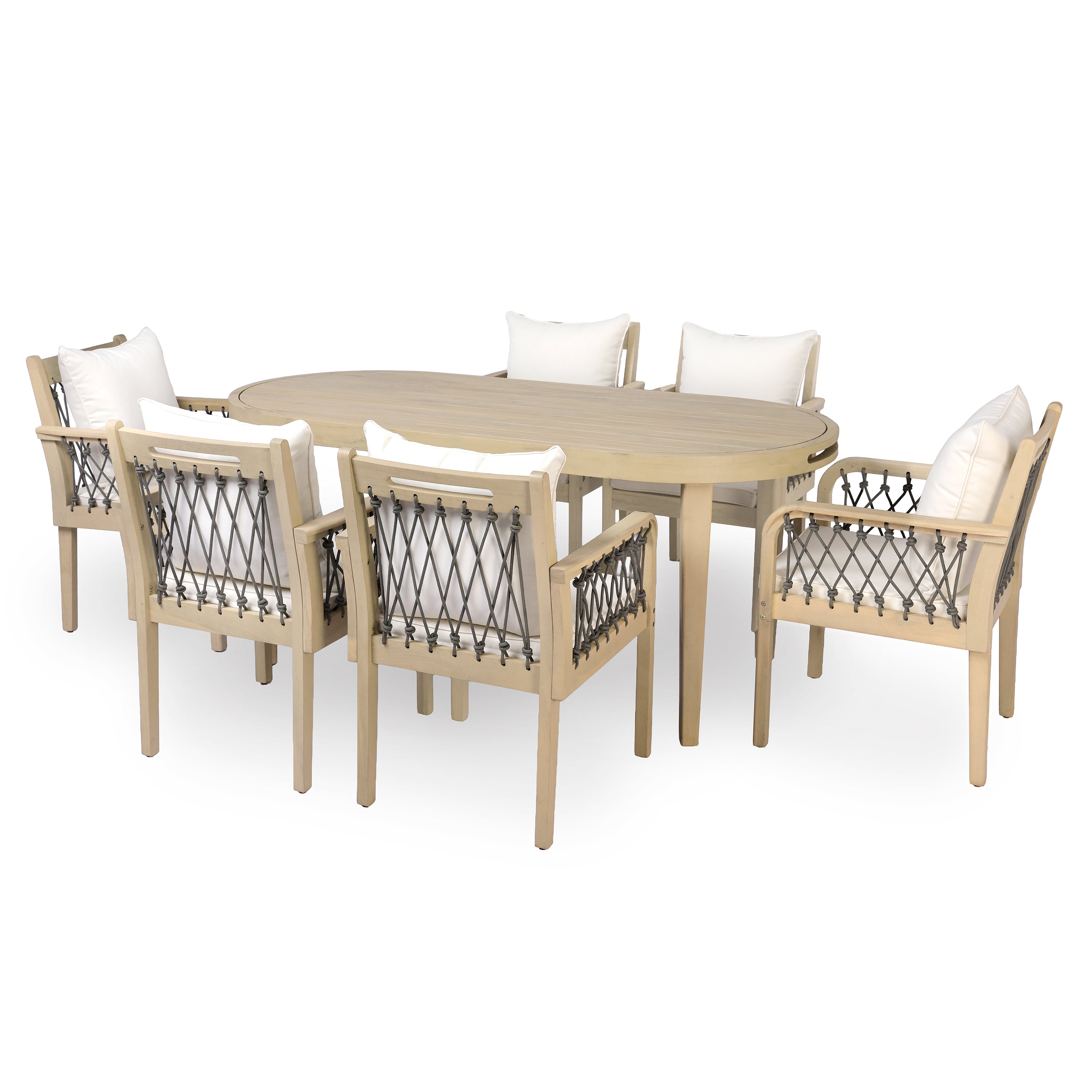 7-Piece Outdoor Acacia Wood Dining Set with Rope-Woven Armchairs, Weather-Resistant Patio Table & Chairs with Cushions,Light teak+Dark grey rope+Cream Beige cushion