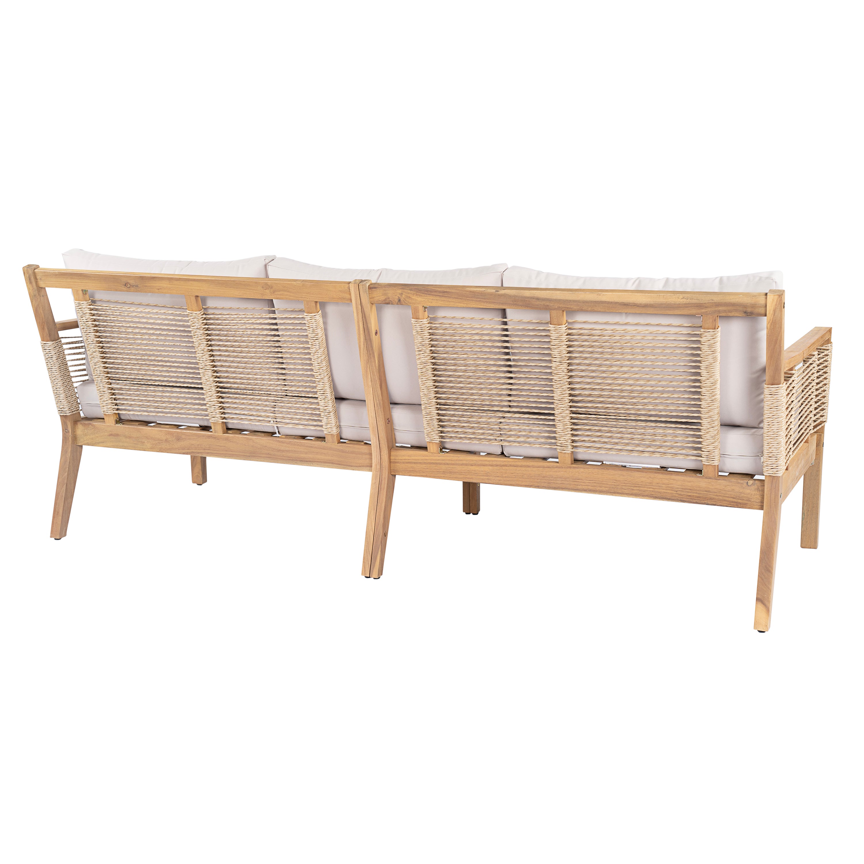 Kirana 5-Piece Outdoor Acacia Wood Hand Woven Rope Conversation Set with 3 Seater Sofa, 2 Chairs and 2 Coffee Tables