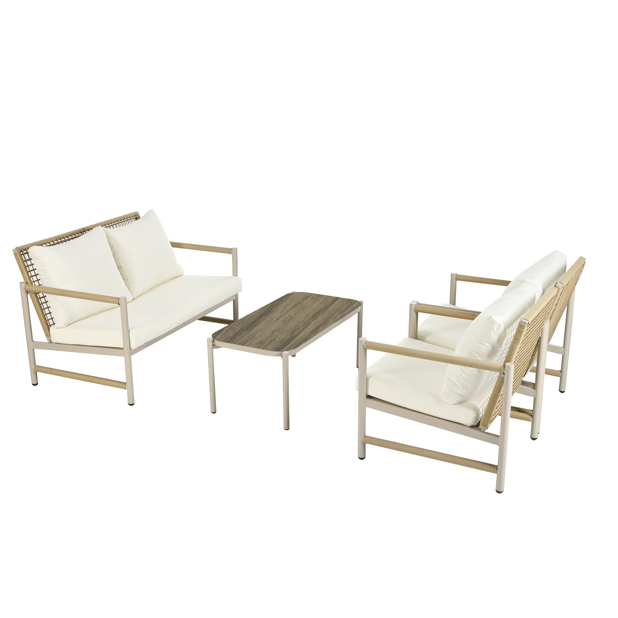 4-Piece PE Rattan Patio Set with Glass Tabletop, Loveseat and 2 Single Sofas
