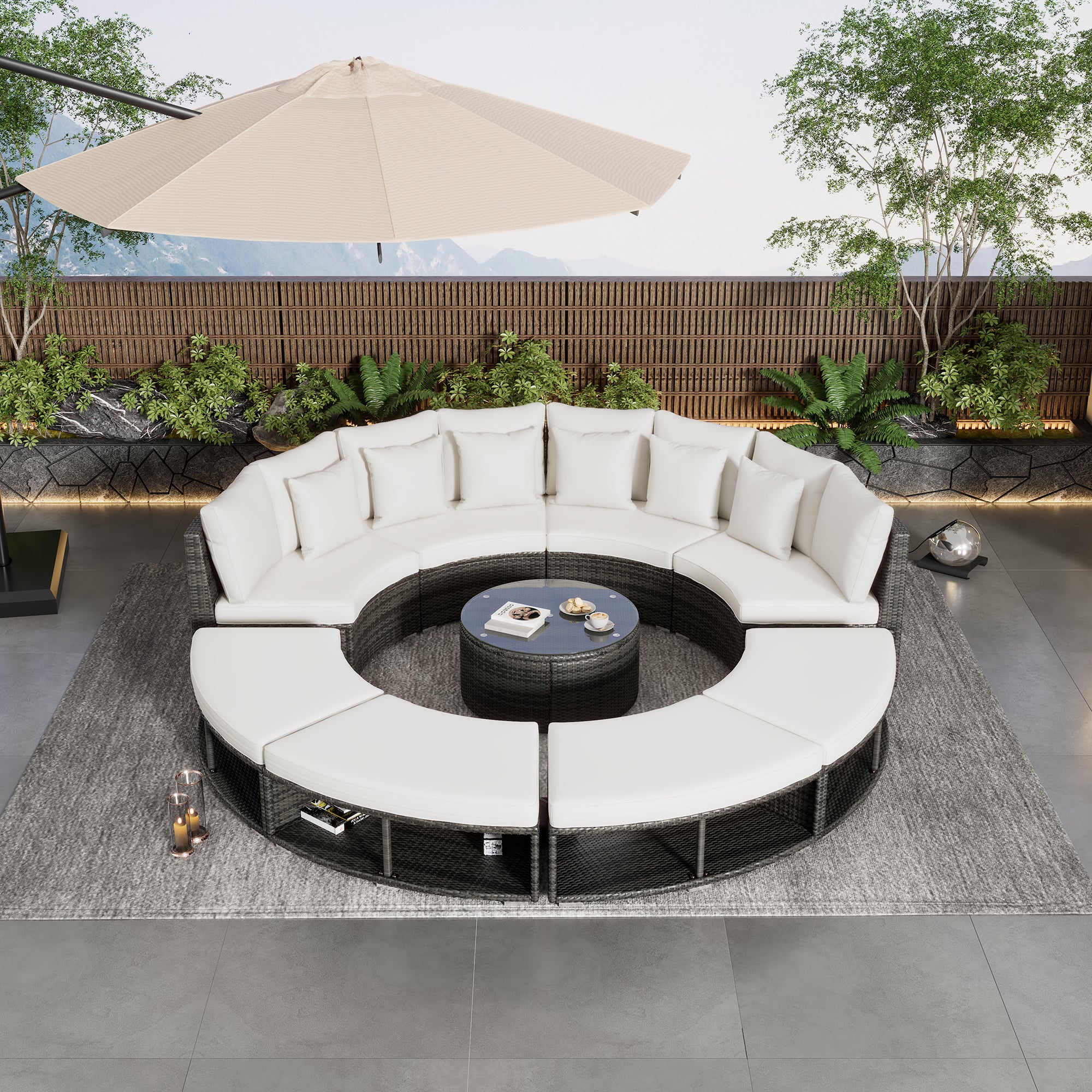 9-Piece Outdoor Circular Sofa Set with Tempered Glass Coffee Table and 6 Pillows