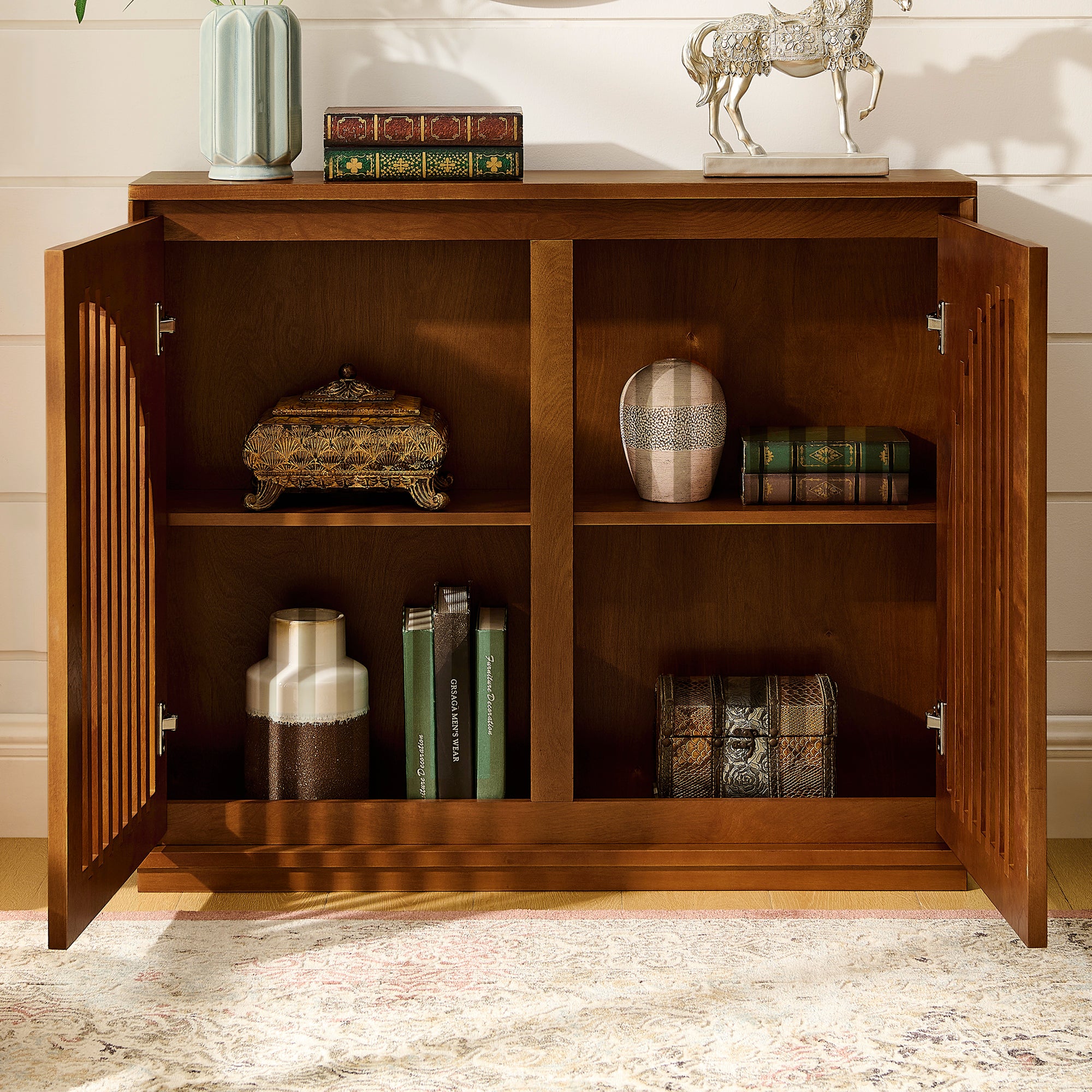 Mid-Century Modern Fluted Narrow Storage Cabinet with 2 Outlet Holes