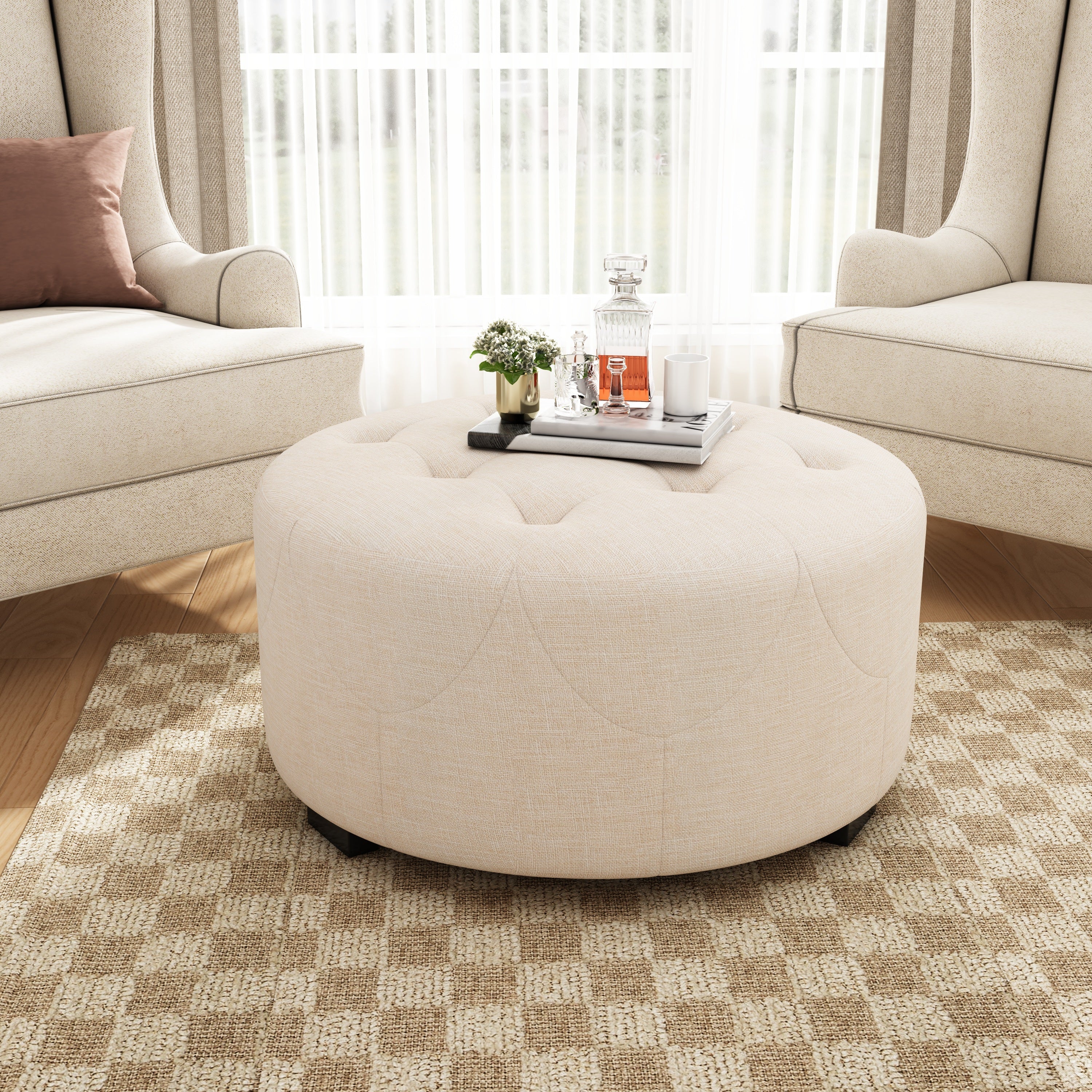 Upholstered Button Tufted Round Ottoman