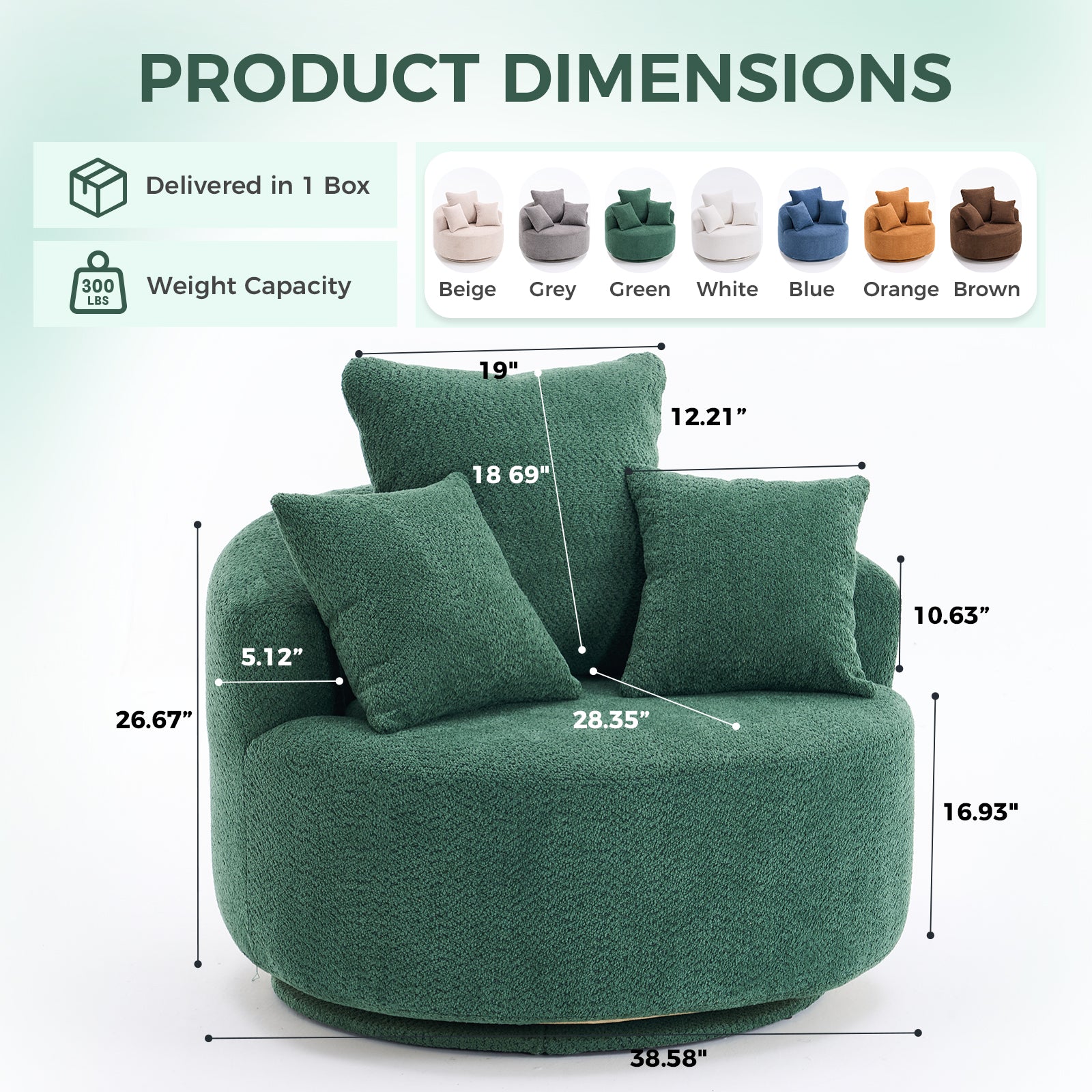 Round Armless Barrel Swivel Accent Chair with 3 Pillows