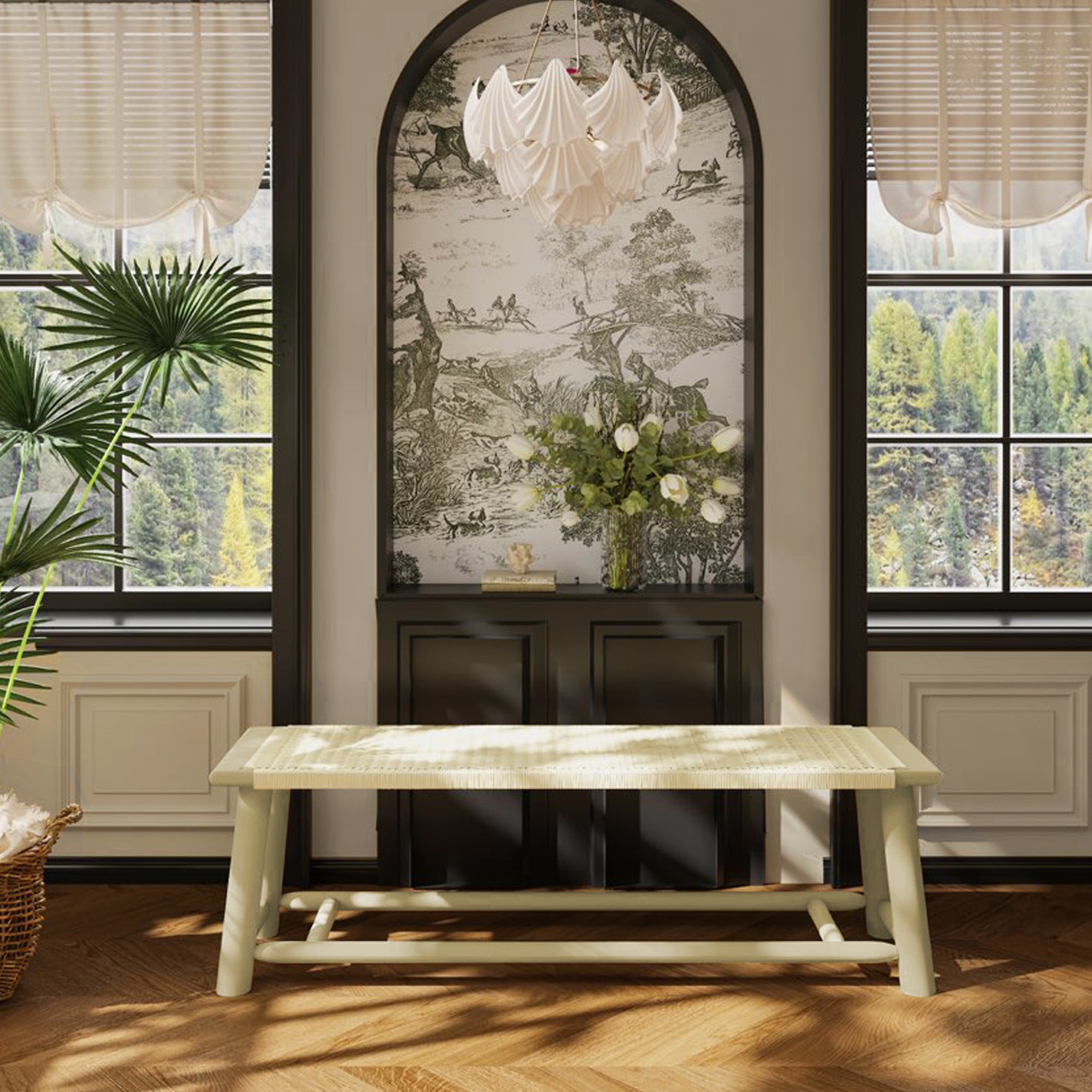 Farmhouse Modern Solid Wood Rattan Bench