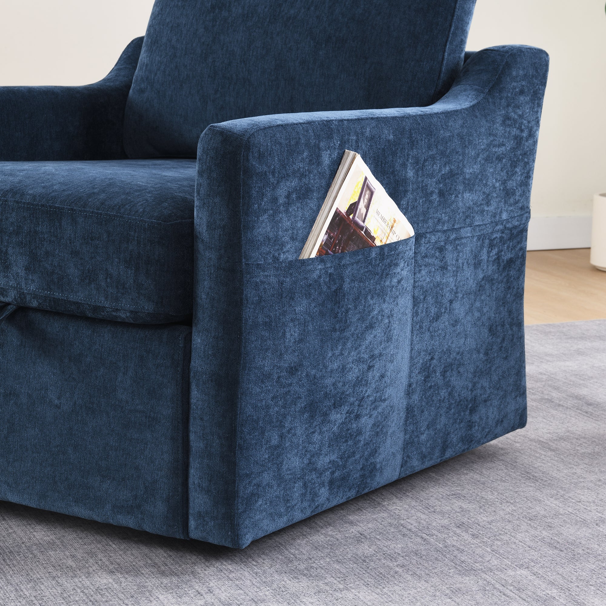 Chenille Swivel Arm Accent Chair With Charging Port and Pocket