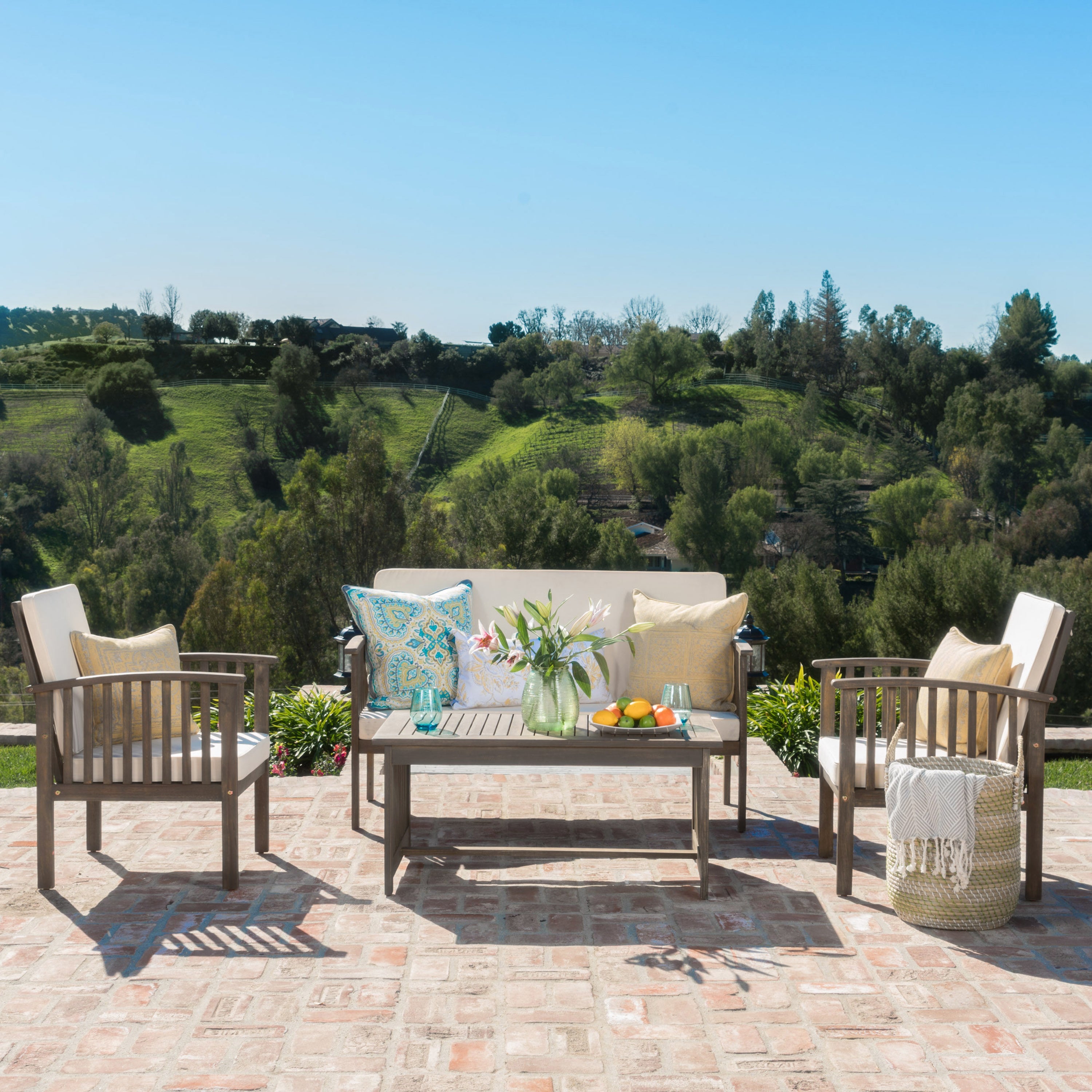 Tidewell 4 Piece Acacia Wood Outdoor Chat Set with Water-Resistant Cushions