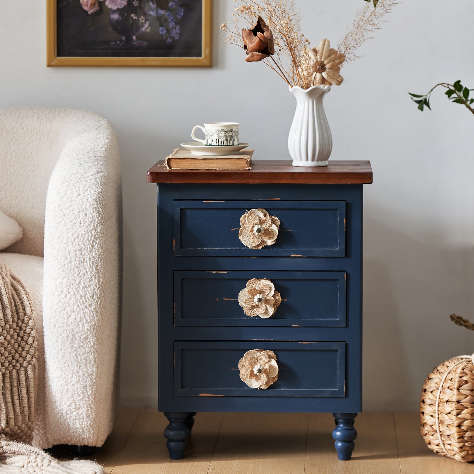 Vintage Farmhouse End Table with Floral Knobs