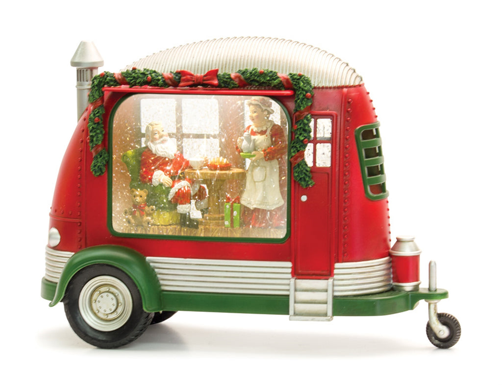 LED Snow Globe Camper with Santa and Mrs. Clause Scene 8"