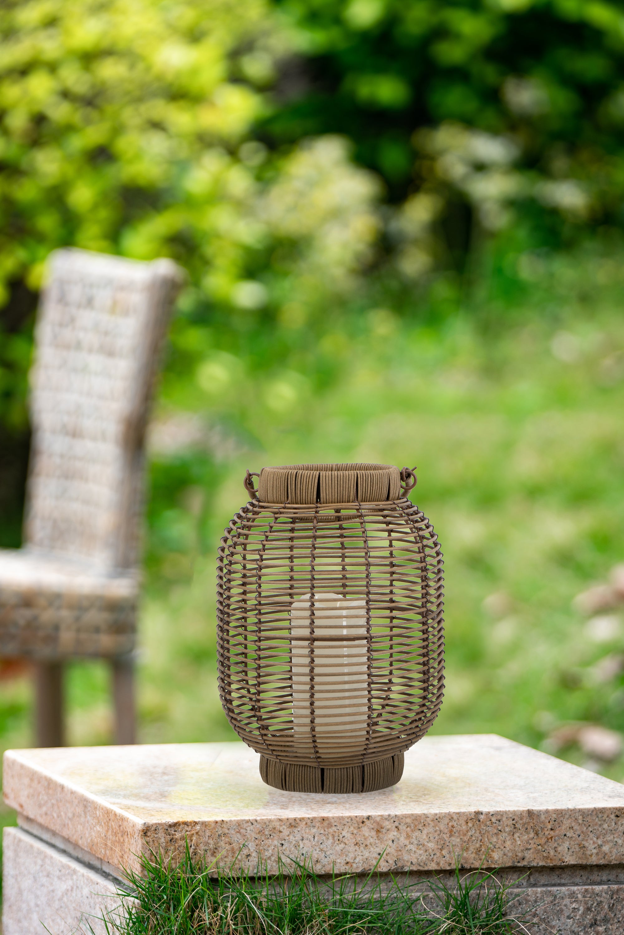 Large Brown Rattan Lantern with White LED Candle