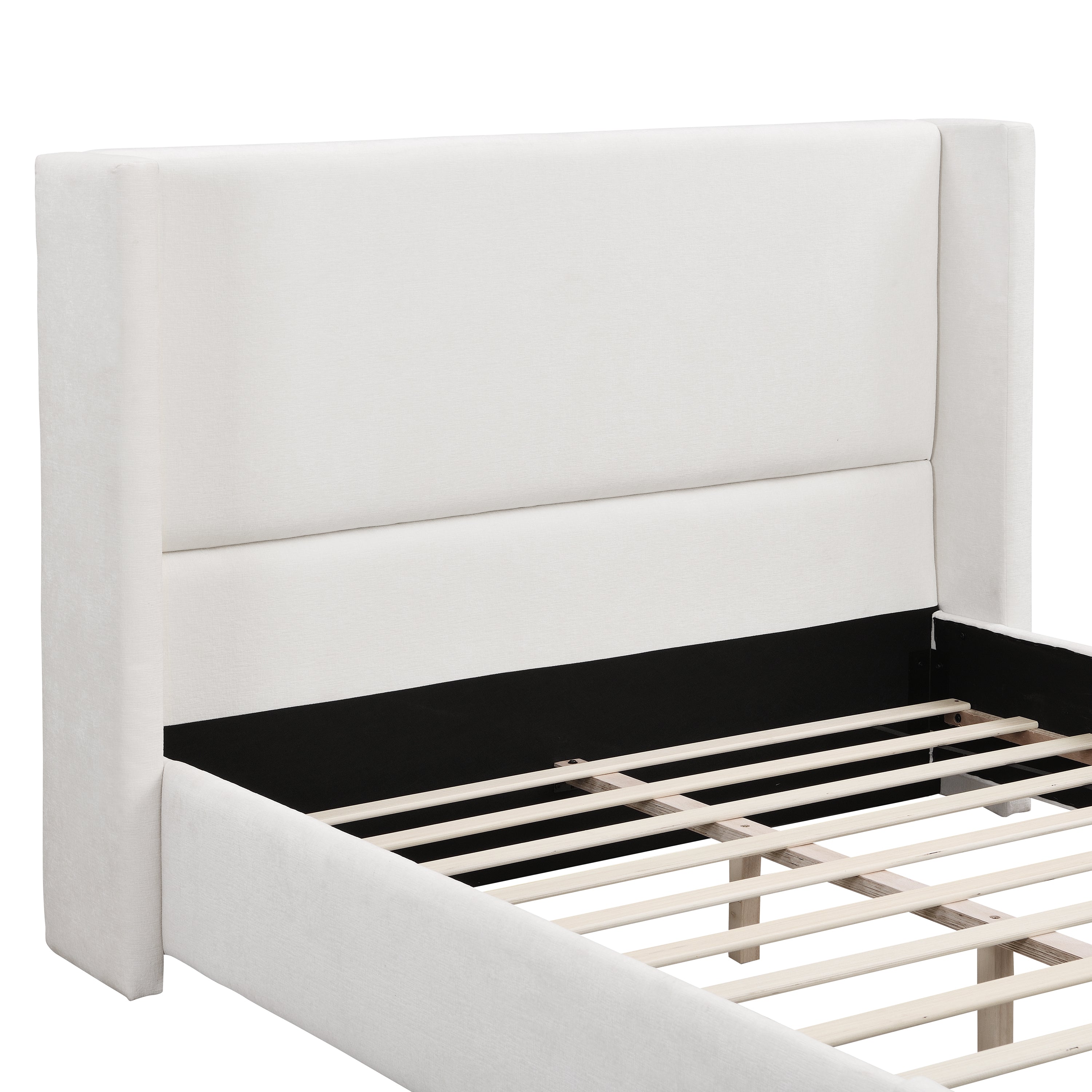 Elegant White Fabric Upholstered Bed with Tall Headboard
