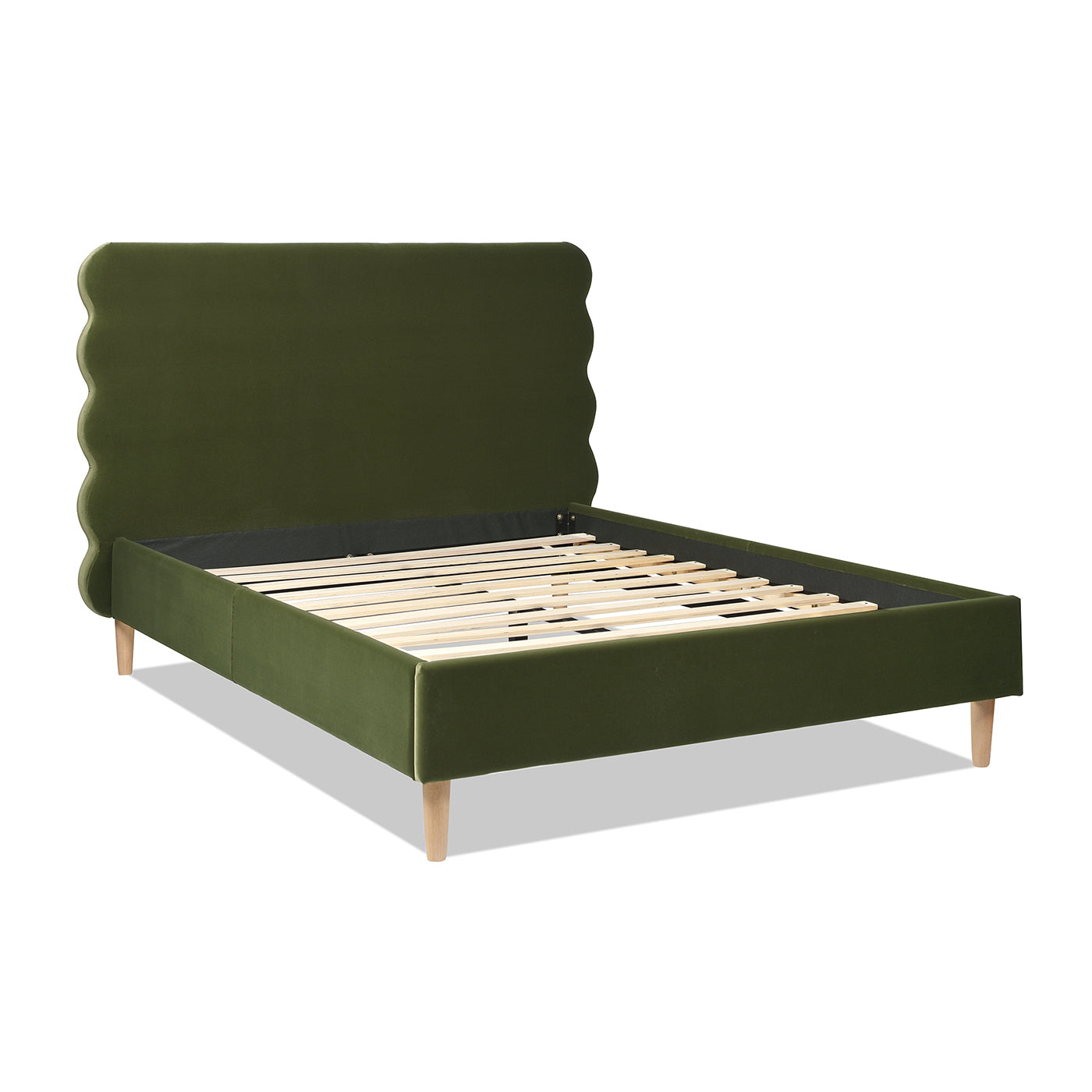 Essencee Upholstered Platform Bed with Wavy Headboard and Wood Legs