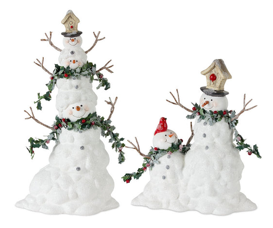 Terra Cotta Melted Snowman Family with Bird and Pine Accents (Set of 2)