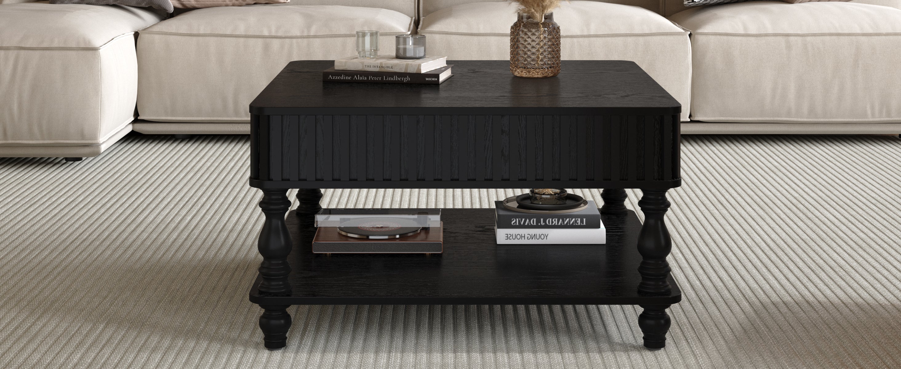 Square Fluted Lift-Top Coffee Table with Hidden & Open Storage