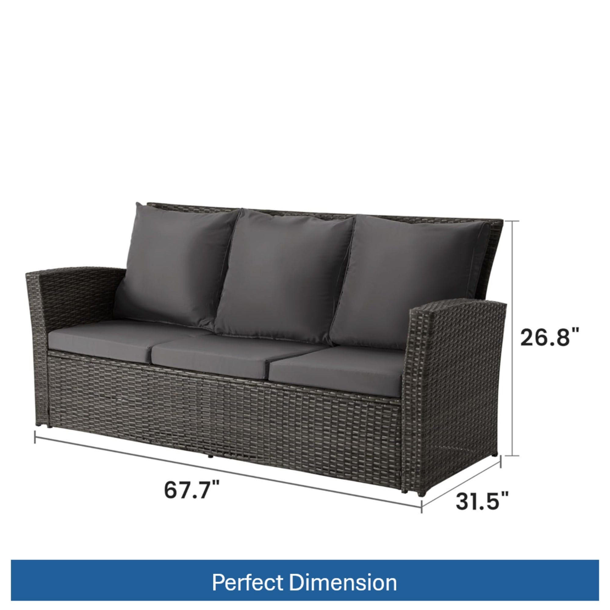 All-Weather Wicker 3-Seat Patio Sofa with Thick Gray Cushions & Black Iron Frame, 67.7'