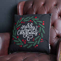 Embroidered Merry Christmas Wreath Throw Pillow 15"