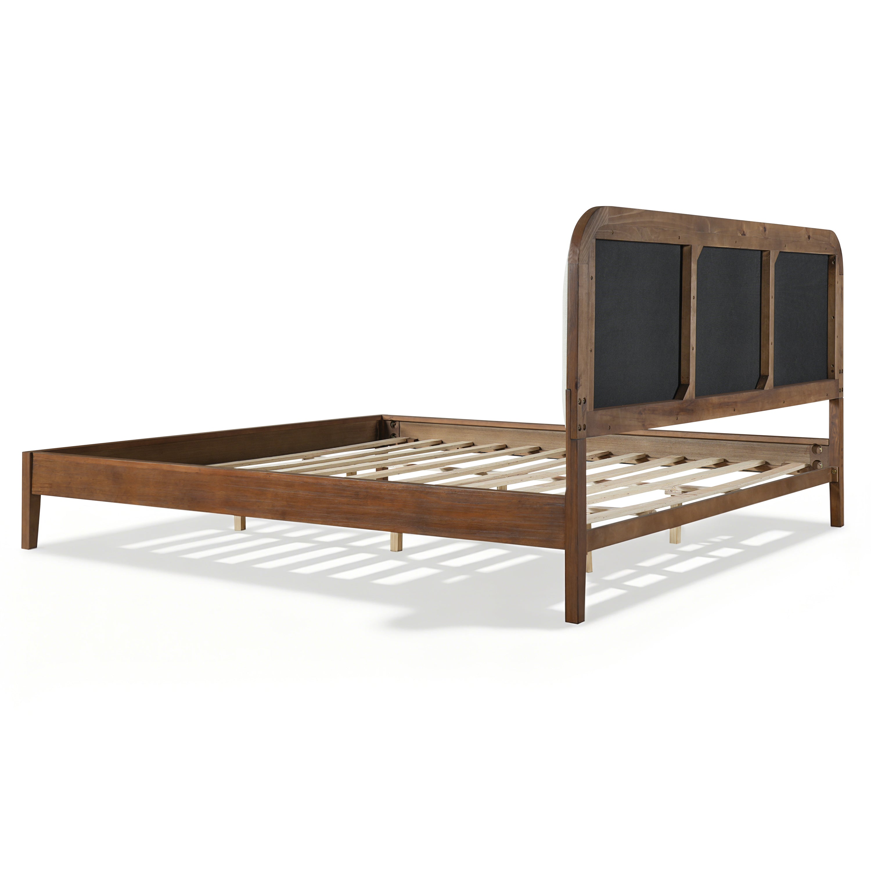 Acacia Wood Bed Frame With Beige Upholstered Headboard