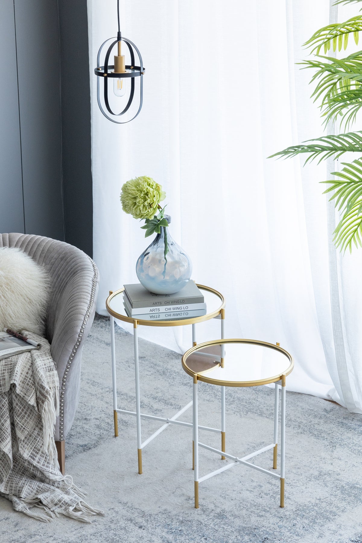 Set of 2 Mirrored Top Side Tables - Gold and White
