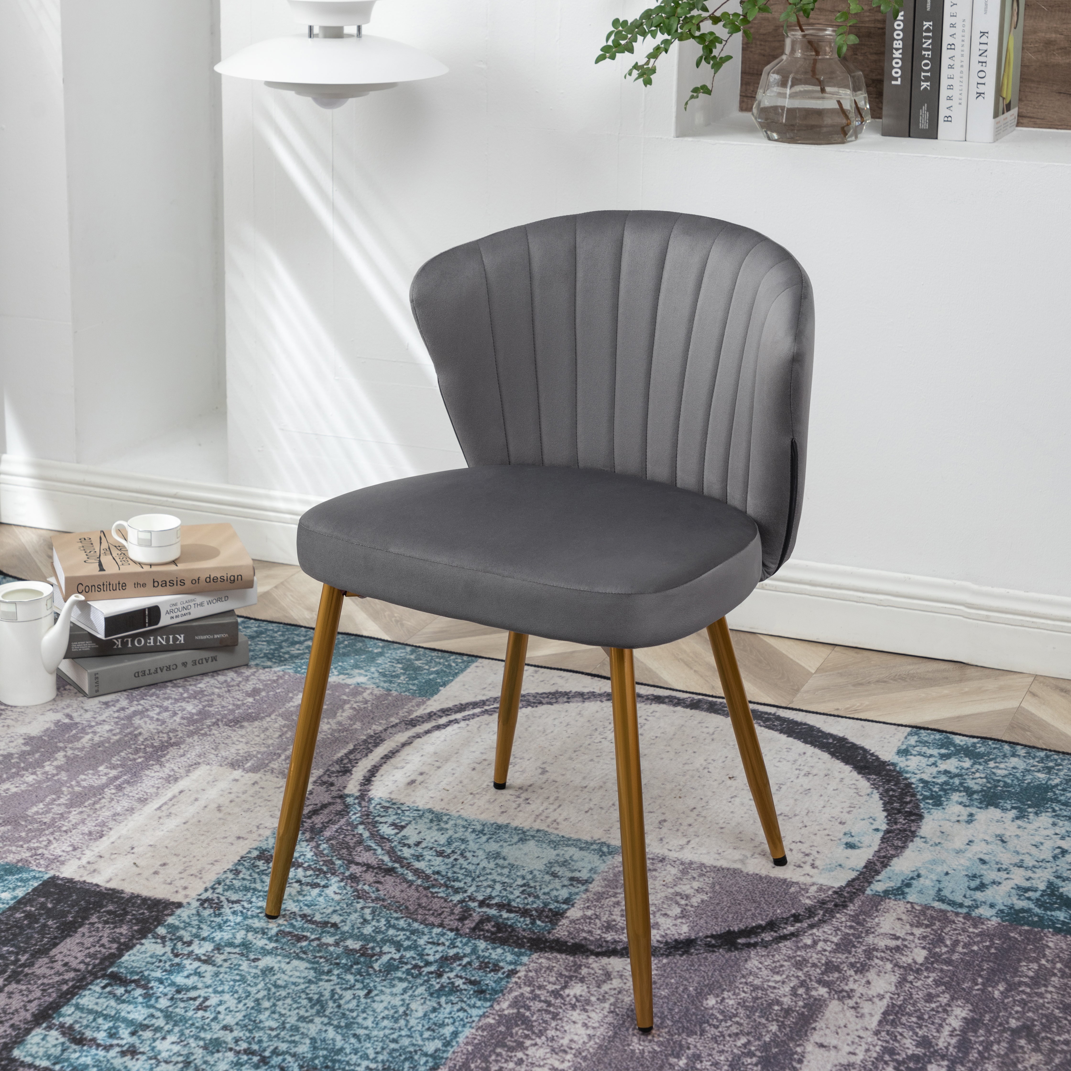 Modern Velvet Armless Accent Chair, Channel Tufted Dining Chair with Gold Metal Legs, Upholstered Side Chair for Living Room Bedroom Small Spaces