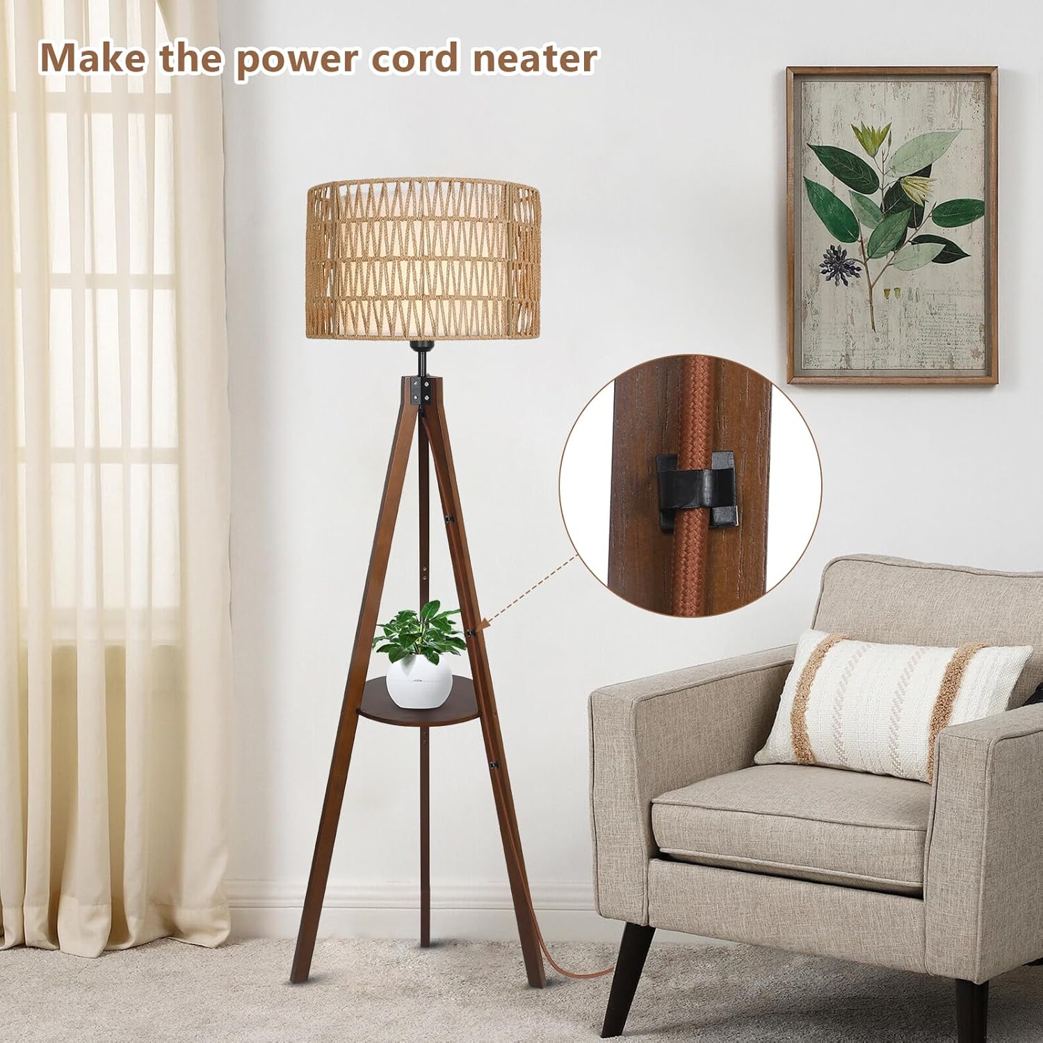 Tripod Floor Lamp with Shelf and Rattan Shades