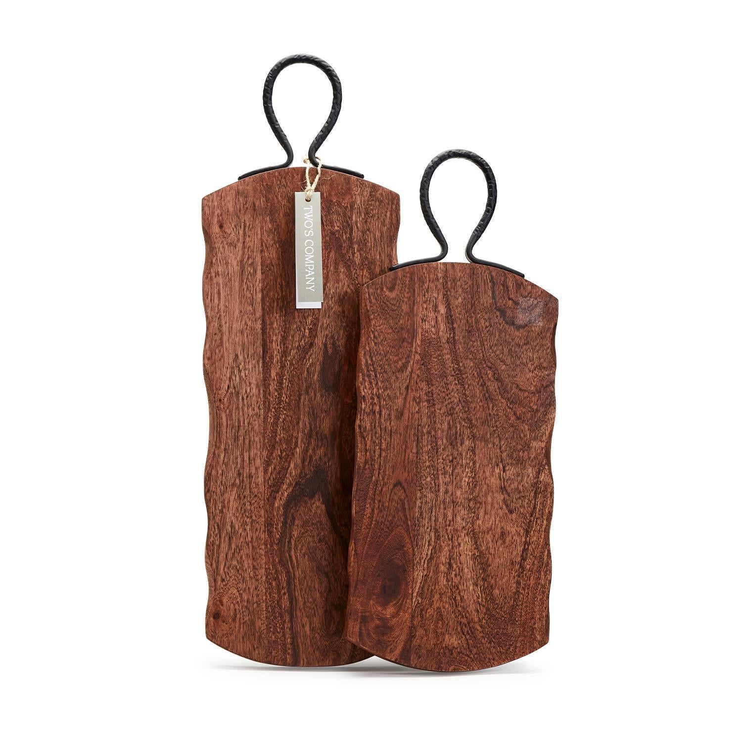 Rustic Edge Serving Boards w/Hammered Iron Handle, Set of 2