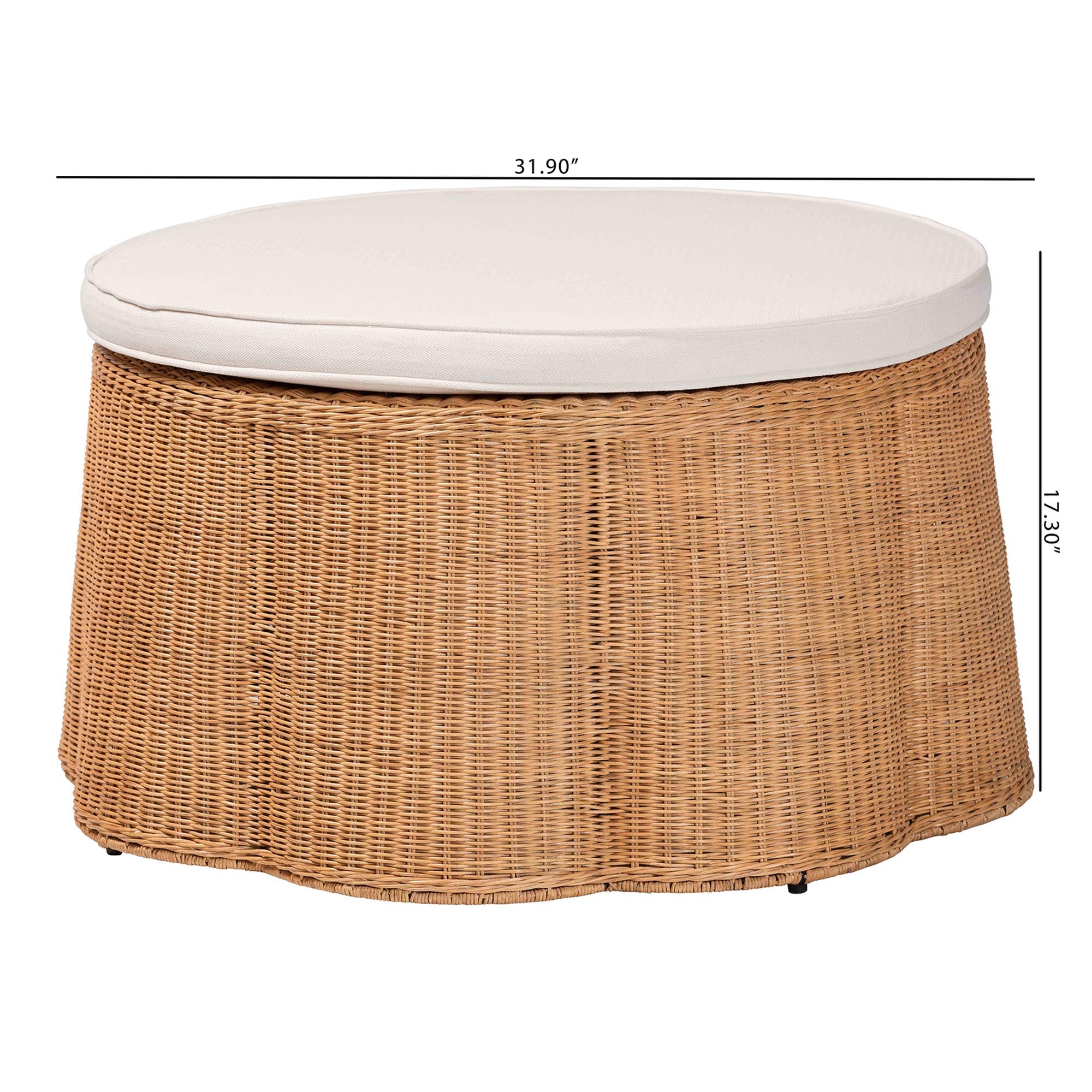 Palm Scalloped Natural Rattan Ottoman with Cushion