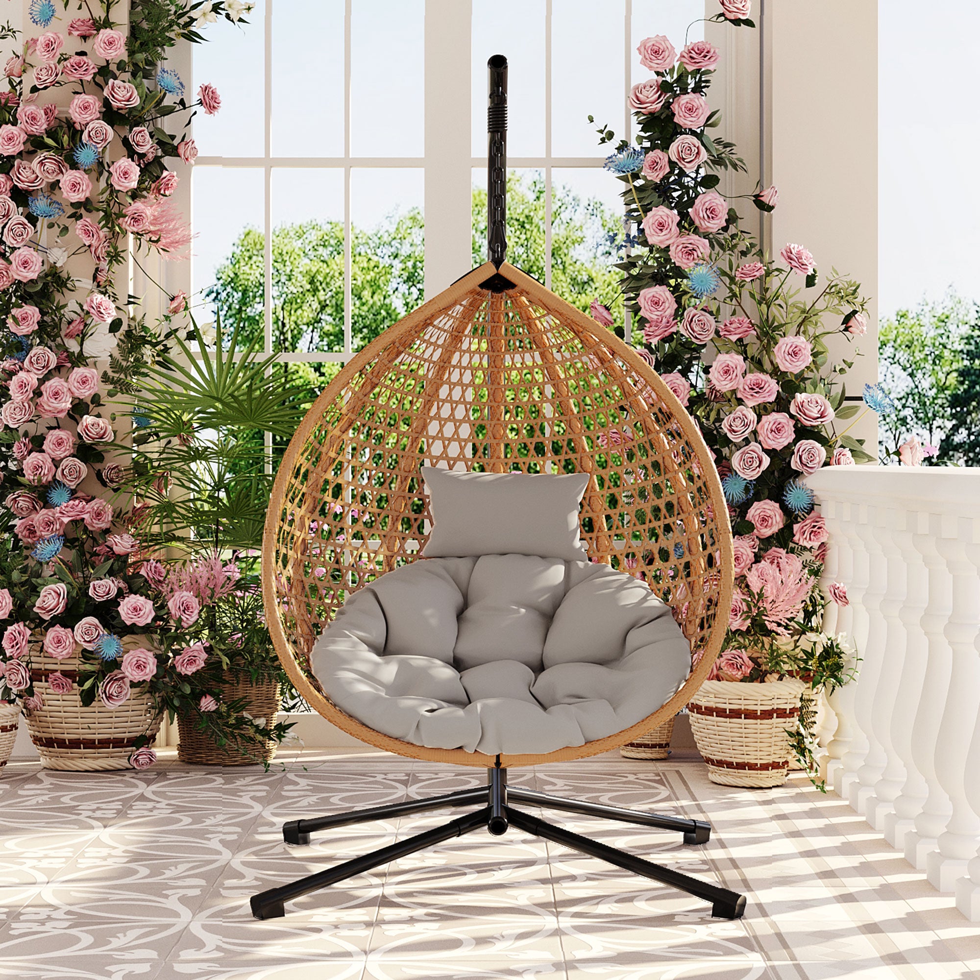 Hanging Swinging Egg Chair with Rattan Weaving, Base Included